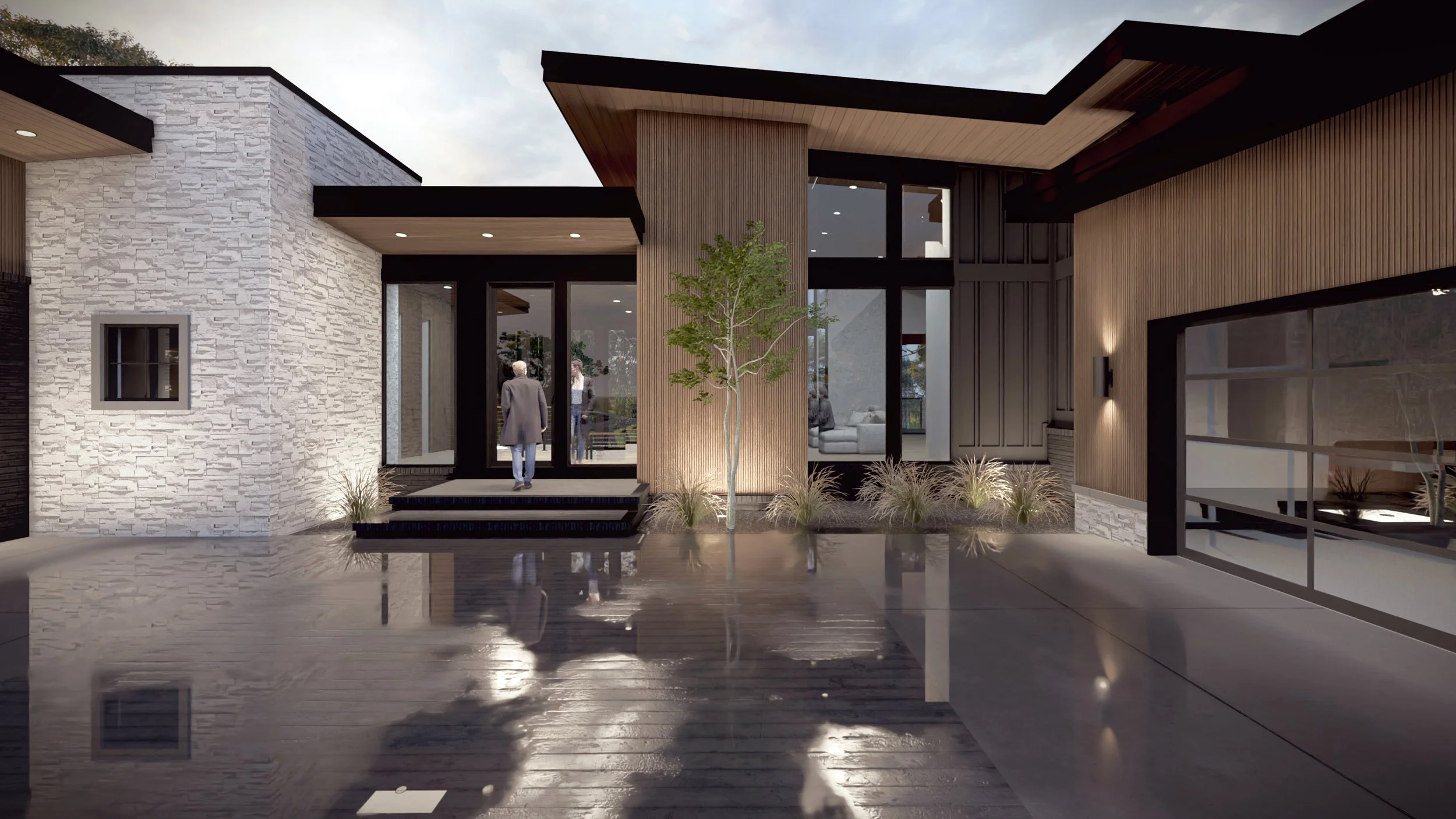 Modern house front entry featuring oversized windows and a bold architectural design.