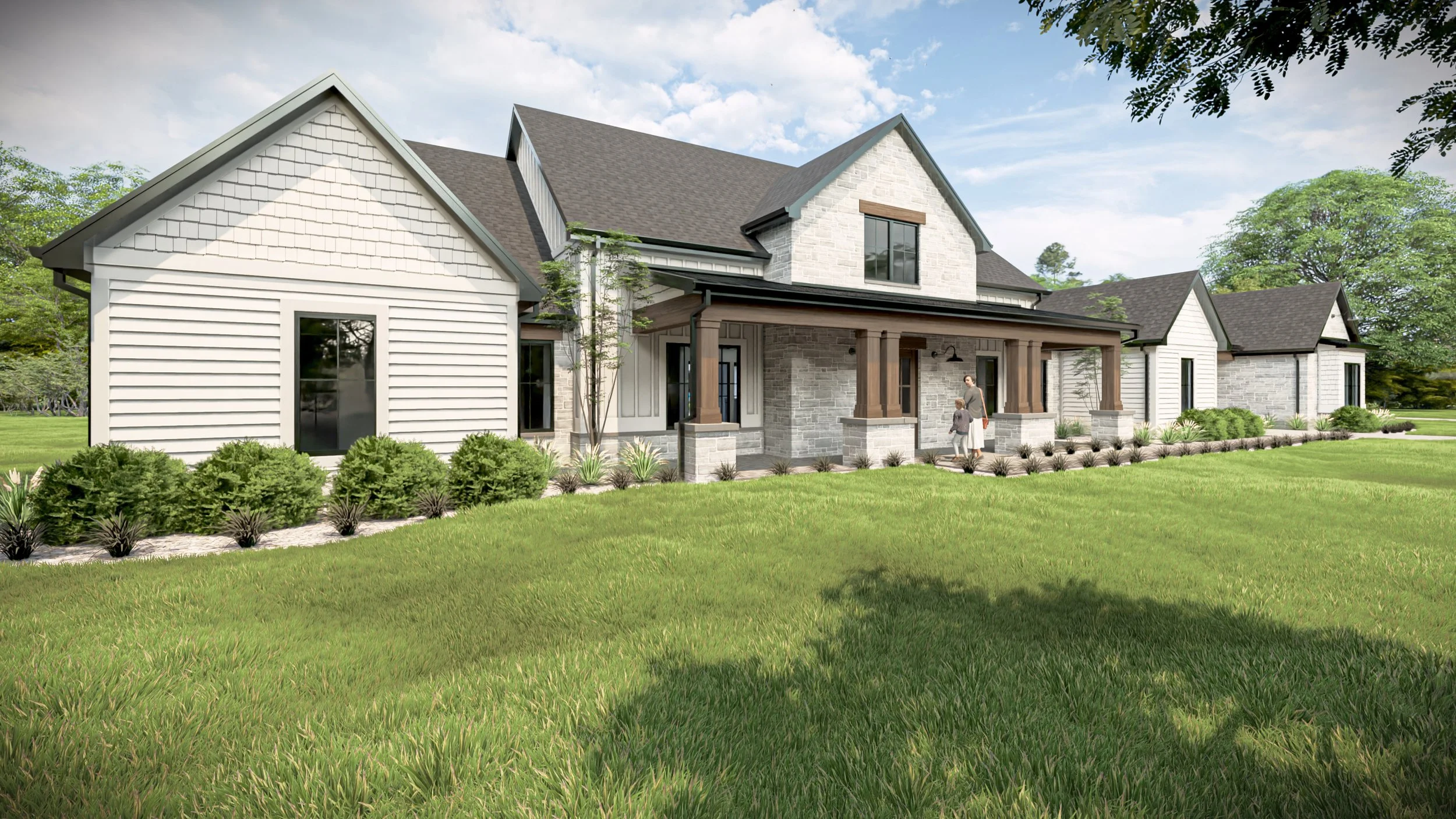 Modern farmhouse front porch ideas with stone and wood pillars