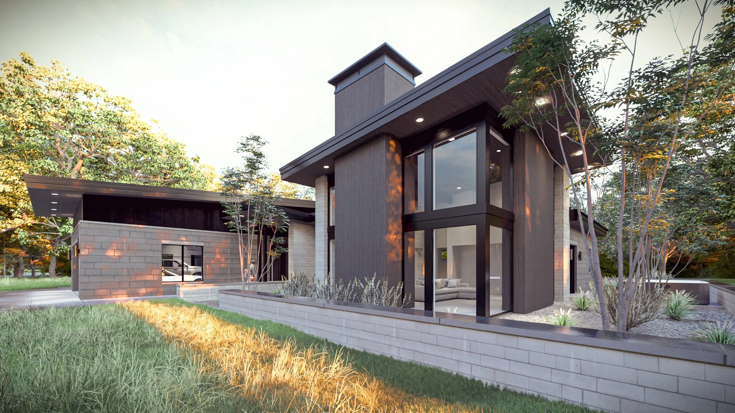 Luxury modern custom home with flat roof design, expansive floor-to-ceiling windows, and mixed exterior materials creating a bold contemporary façade.