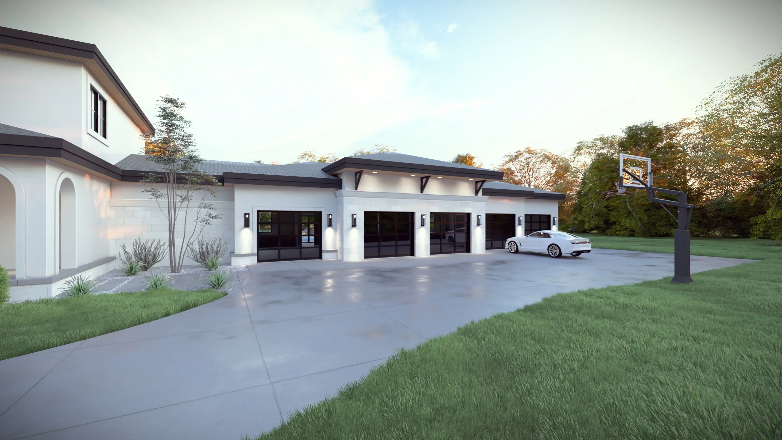 Spacious 5-car garage integrated into a Mediterranean-style estate with glass garage doors and stucco exterior.
