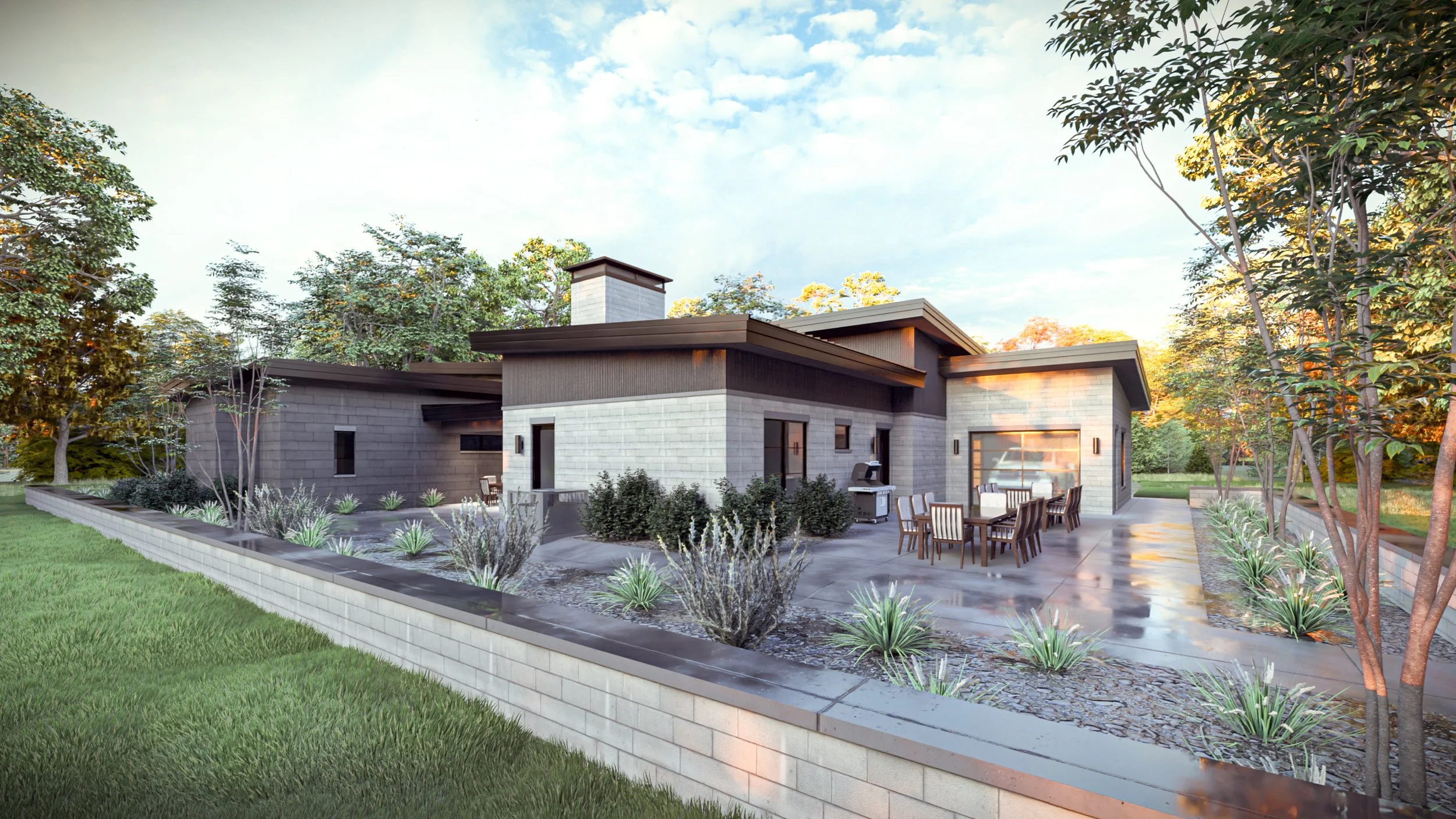 Contemporary house with integrated outdoor living design, blending indoor and outdoor spaces through large glass openings.