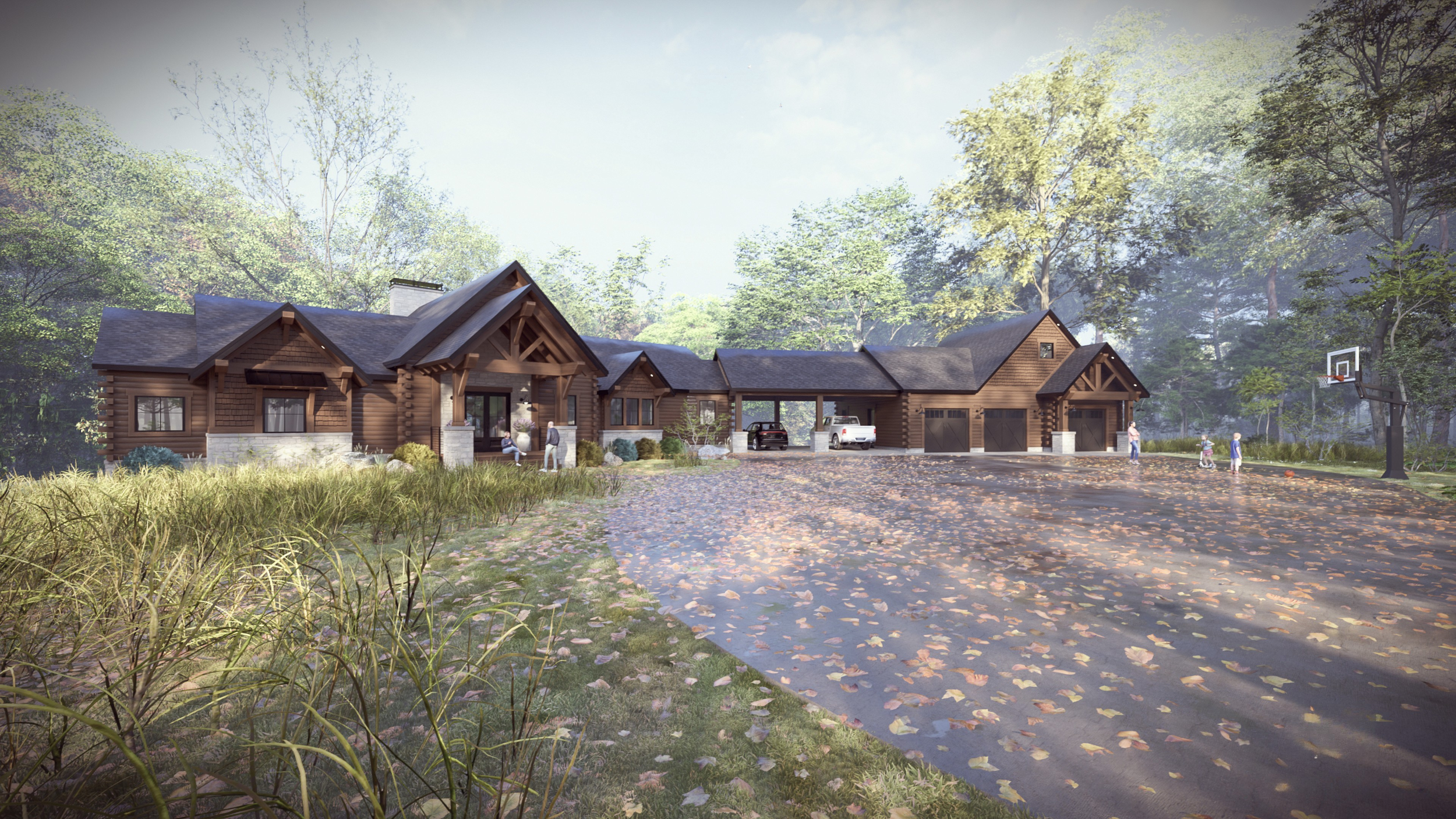 Luxury log home exterior with natural wood beams, stone accents, and a welcoming covered entry.