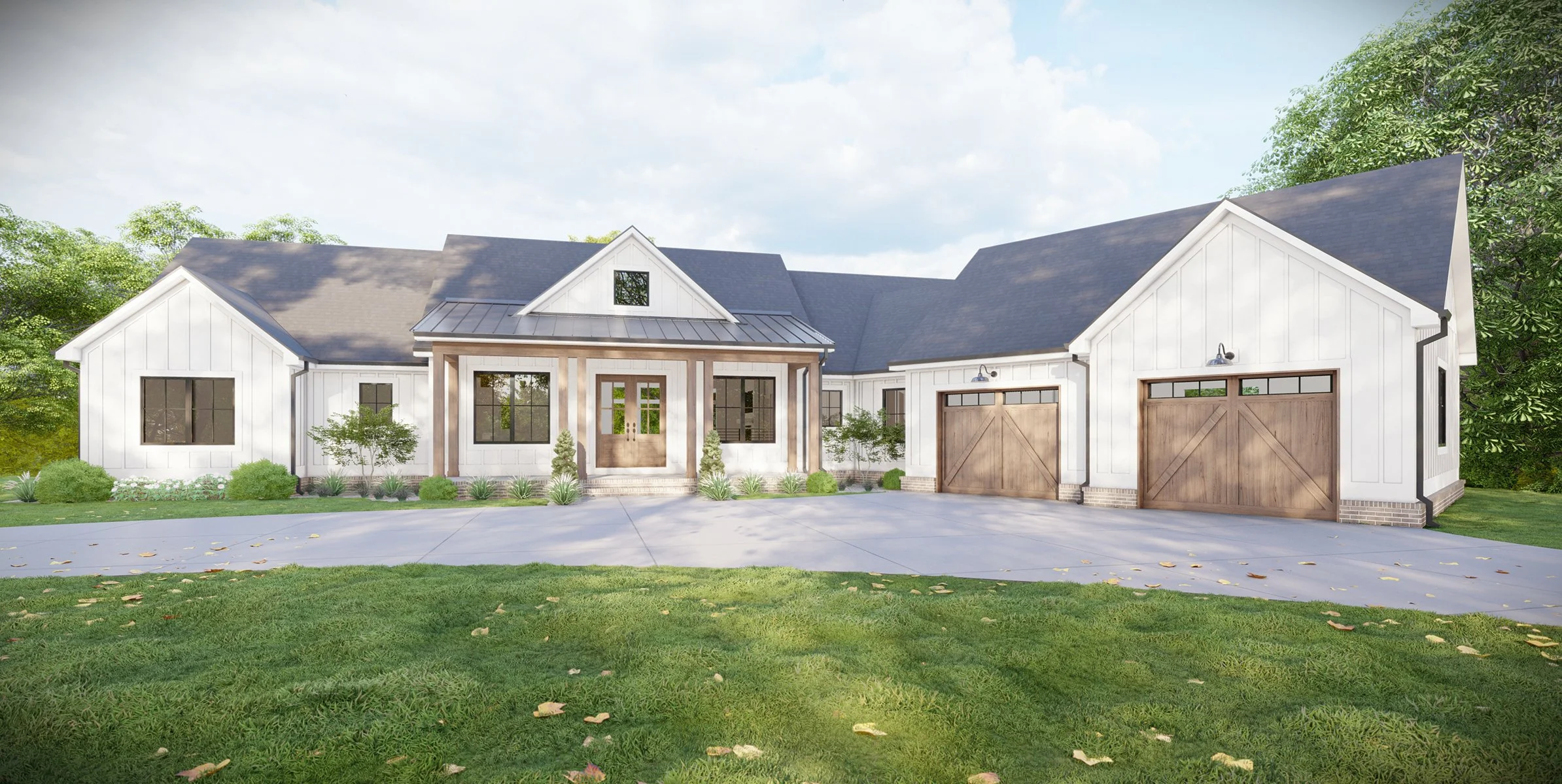 Custom white modern farmhouse showcasing architectural wood pillars, front garage, and long driveway, combining clean lines with timeless farmhouse style.