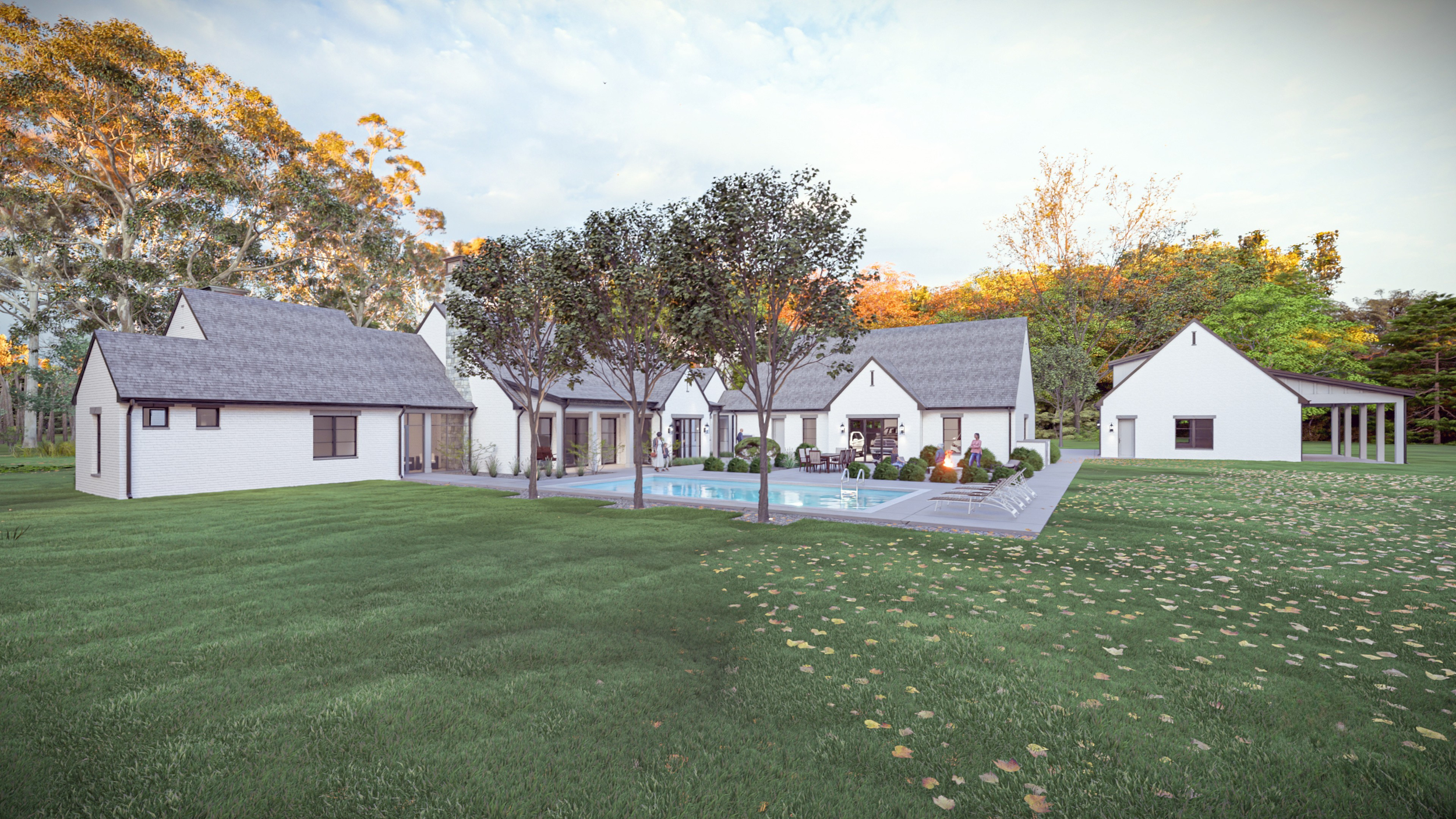 Backyard landscaping of luxury English house with pool and outdoor space.