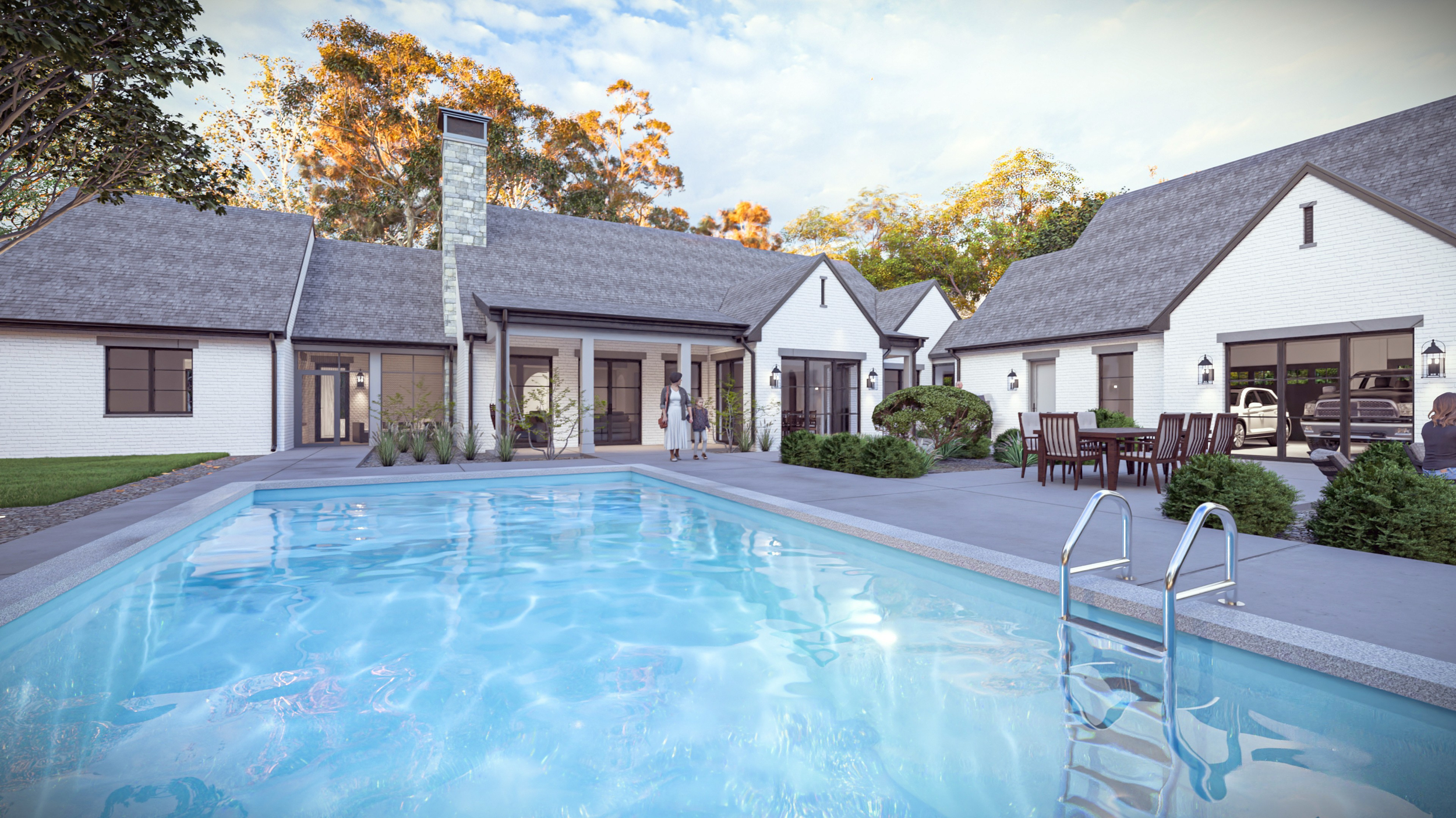 Patio, with an outdoor eating area, and a big inground swimming pool behind English Modern house. 