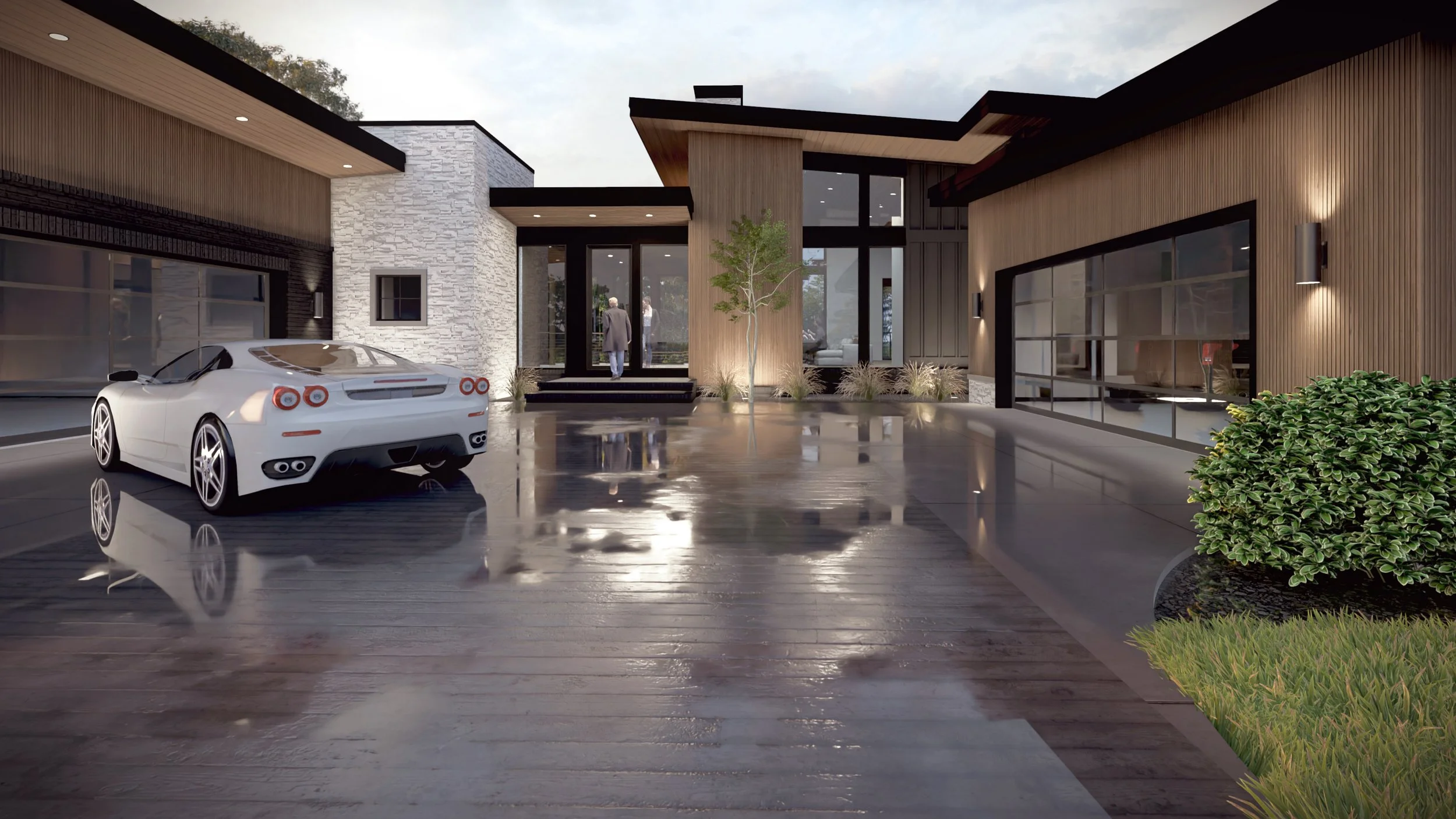 Contemporary home front elevation with a wide driveway and sleek modern garage.