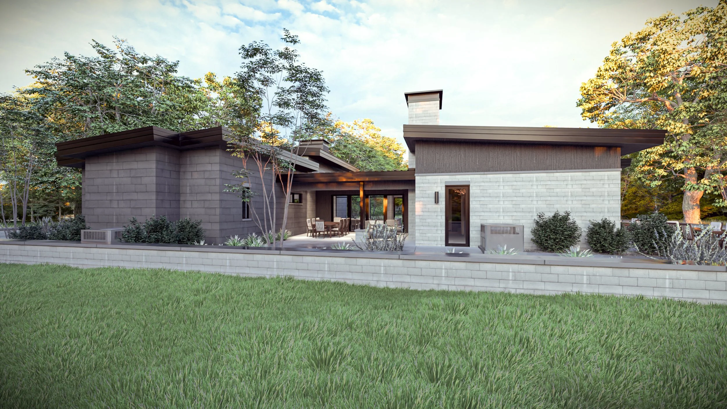 Luxury modern home patio area showcasing architectural overhangs and outdoor entertaining space.