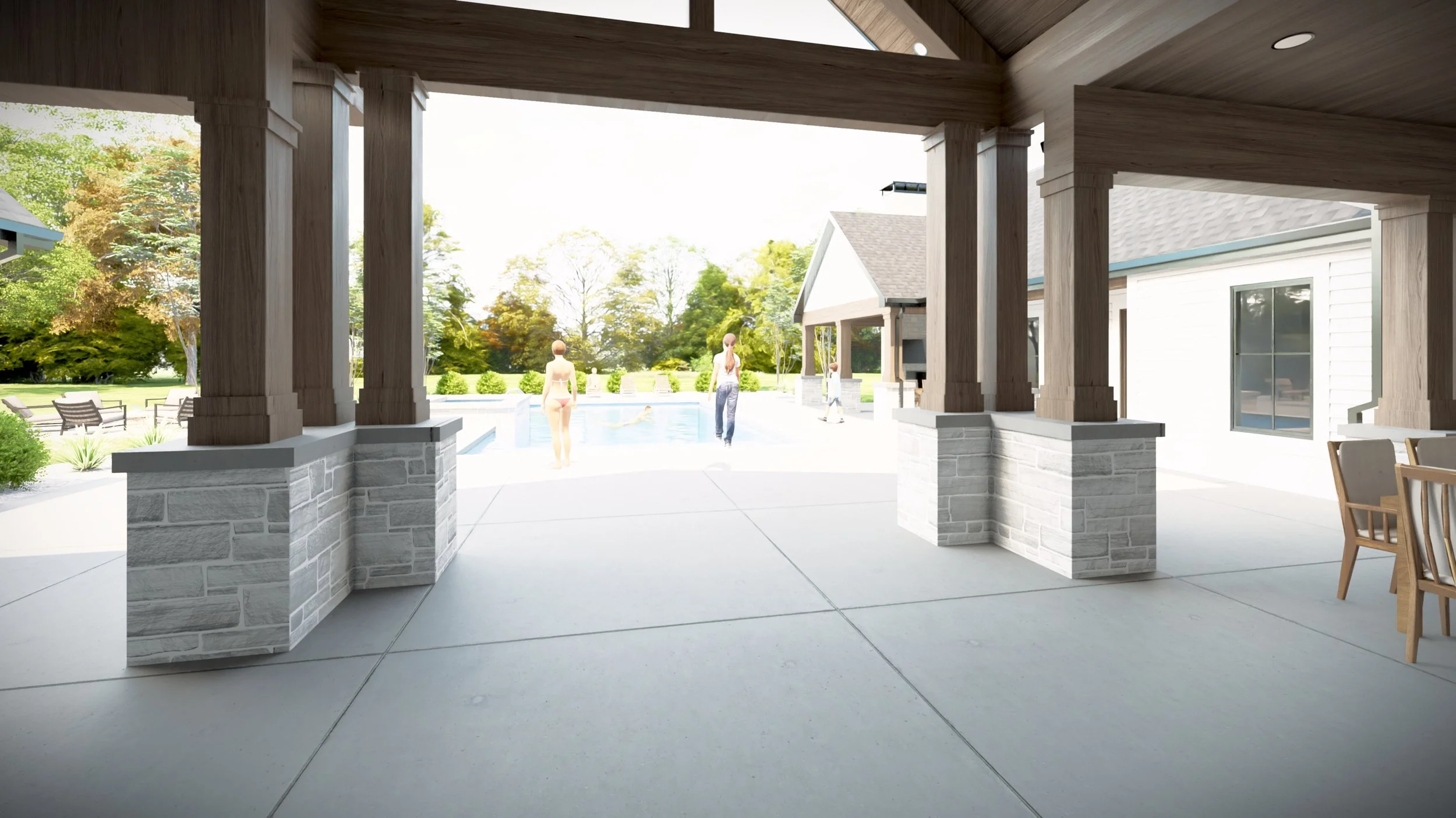 Modern farmhouse covered patio ideas with wood accents