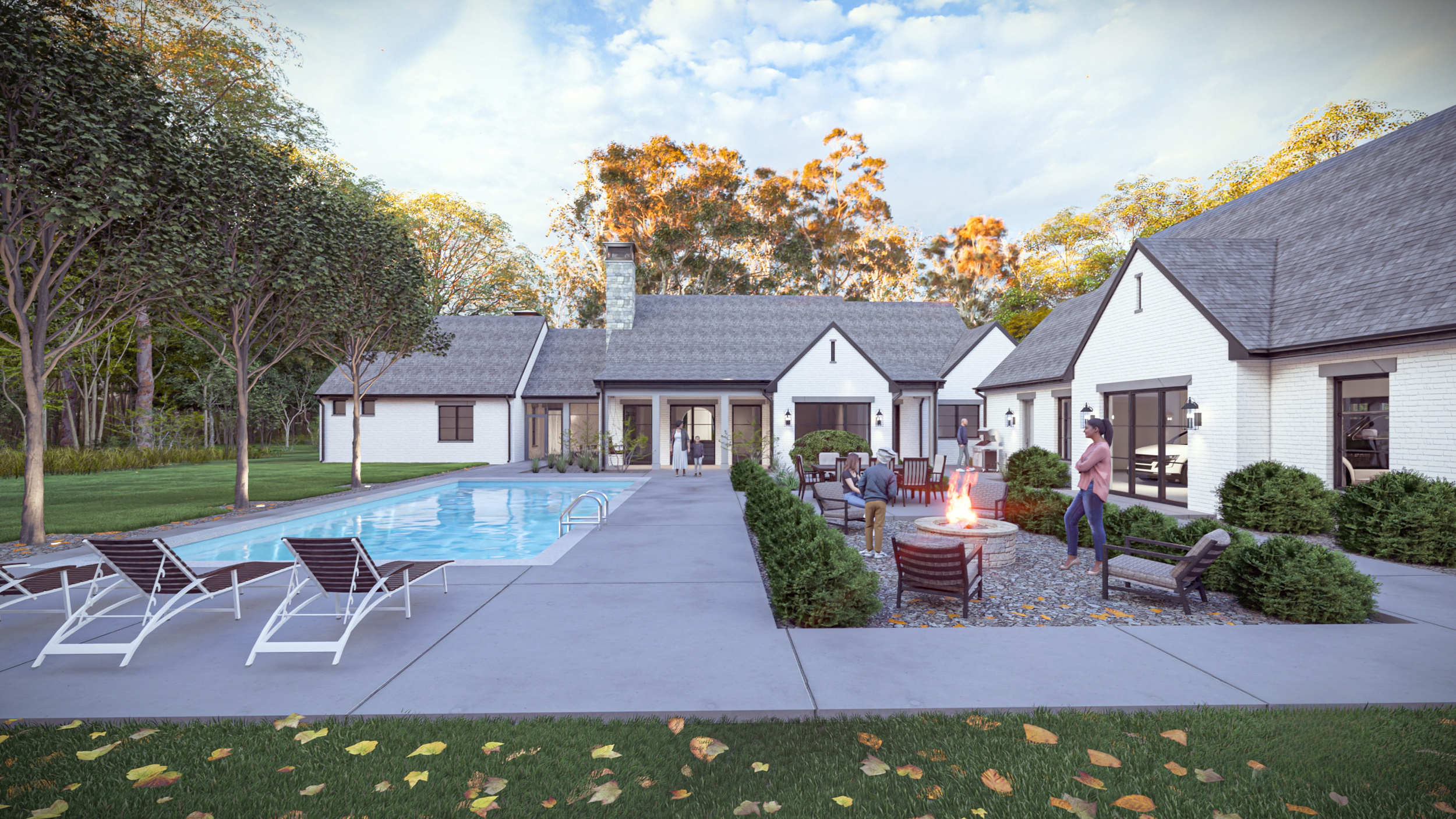 Backyard of modern English house with inground swimming pool design.