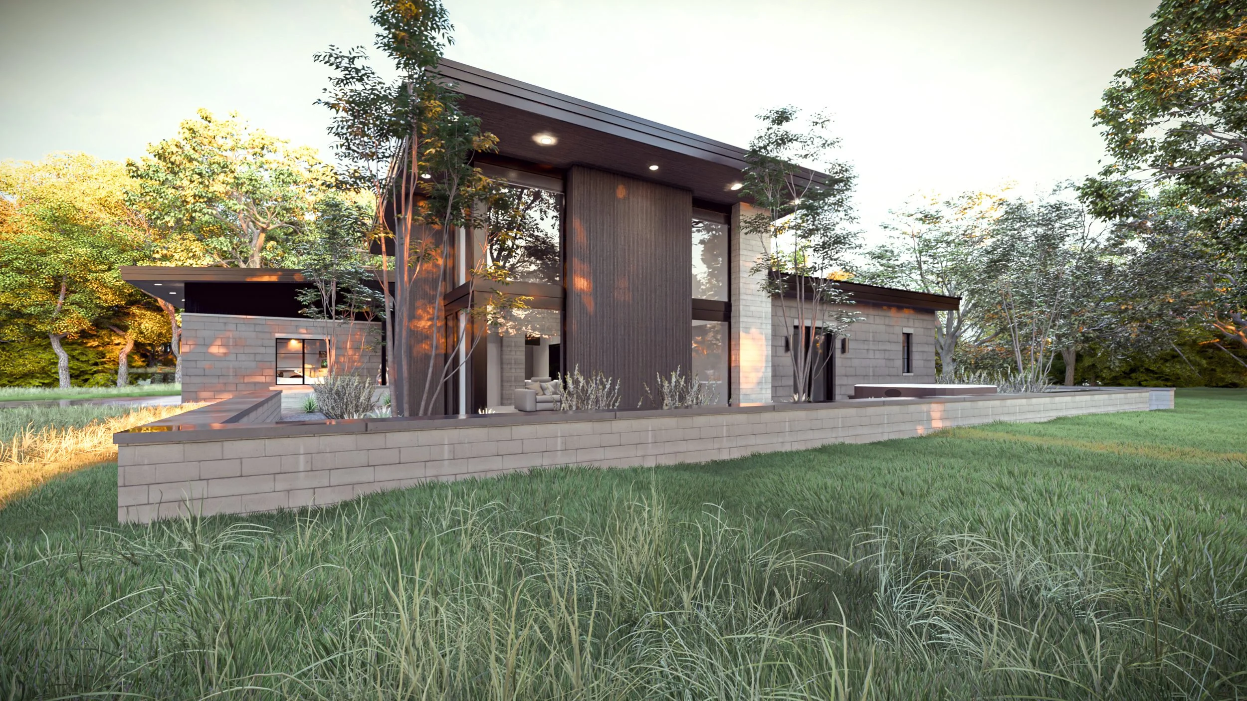 Front exterior of a modern custom home with strong architectural lines, large windows, and a welcoming contemporary entry design.