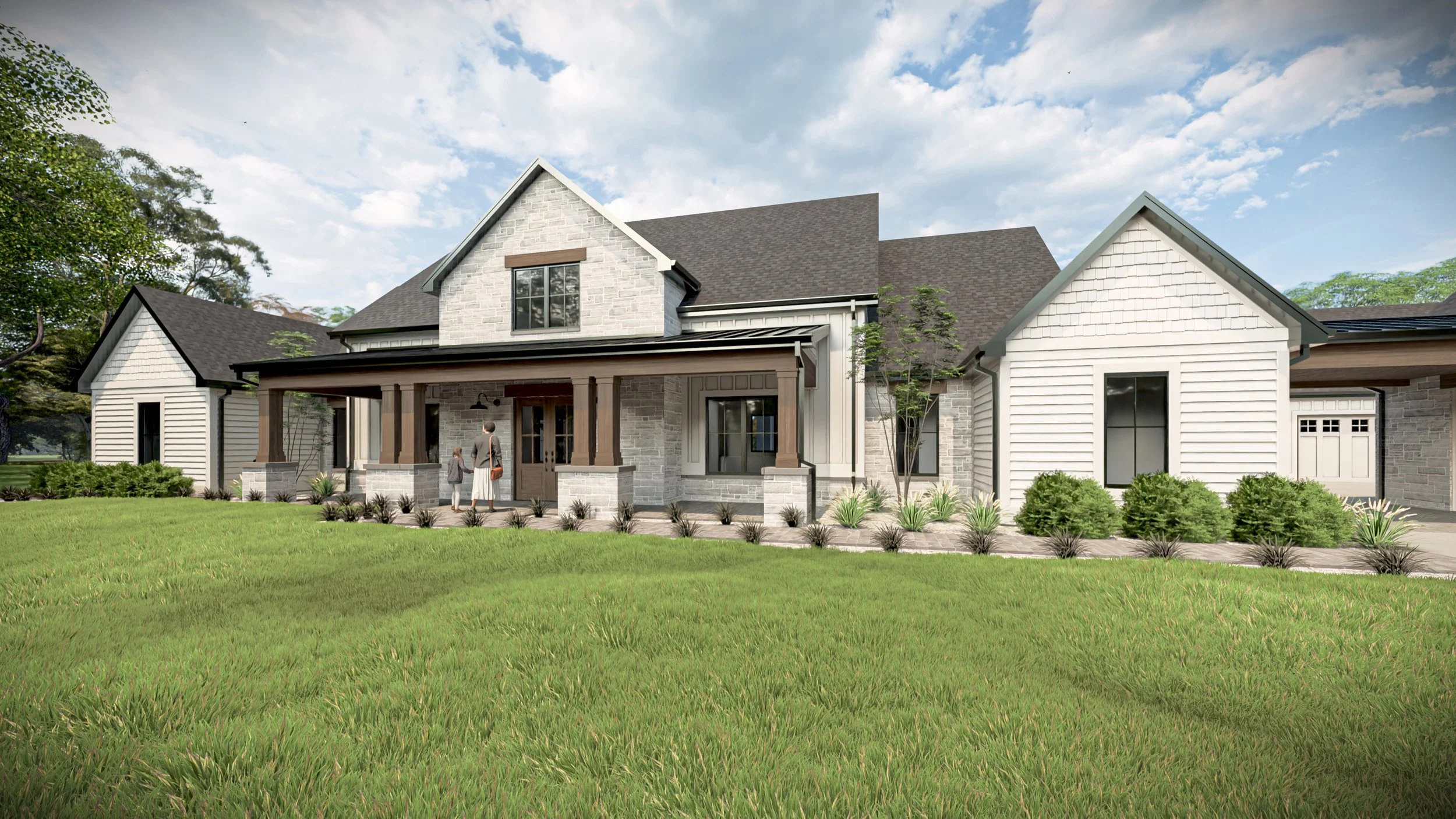 Front elevation inspiration for white modern farmhouse with wood pillar details