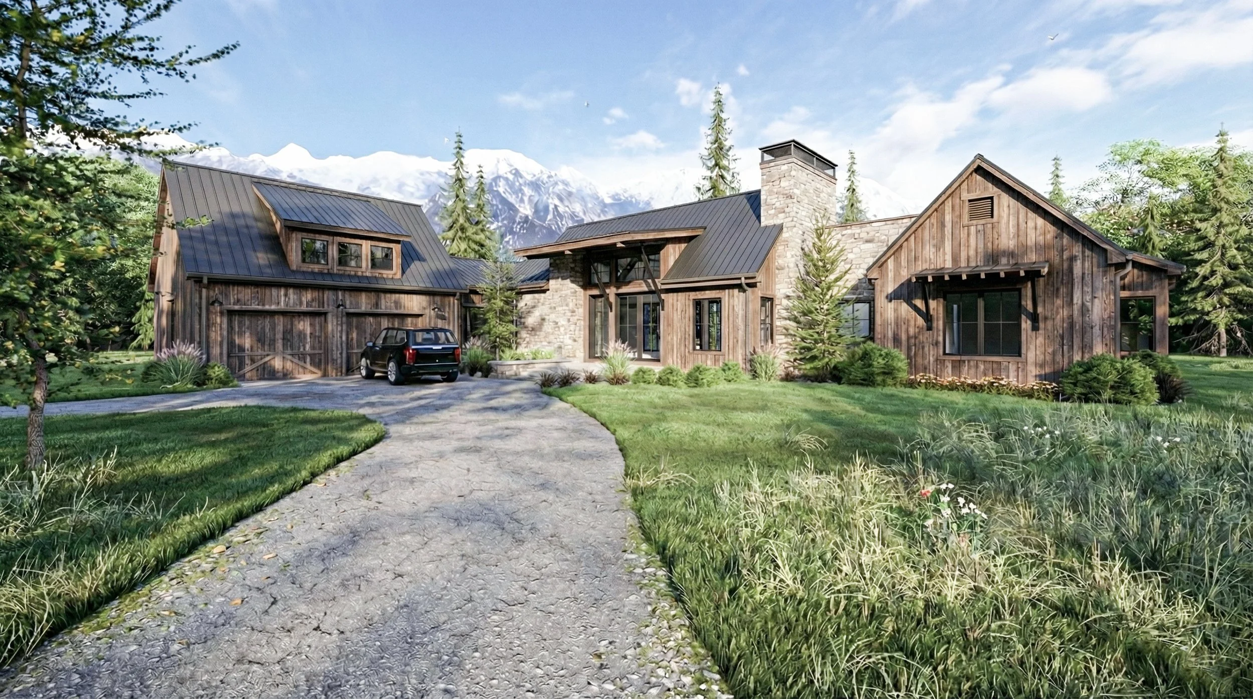 Full exterior view of home with wood and stone siding, large windows, and modern rustic architectural design.