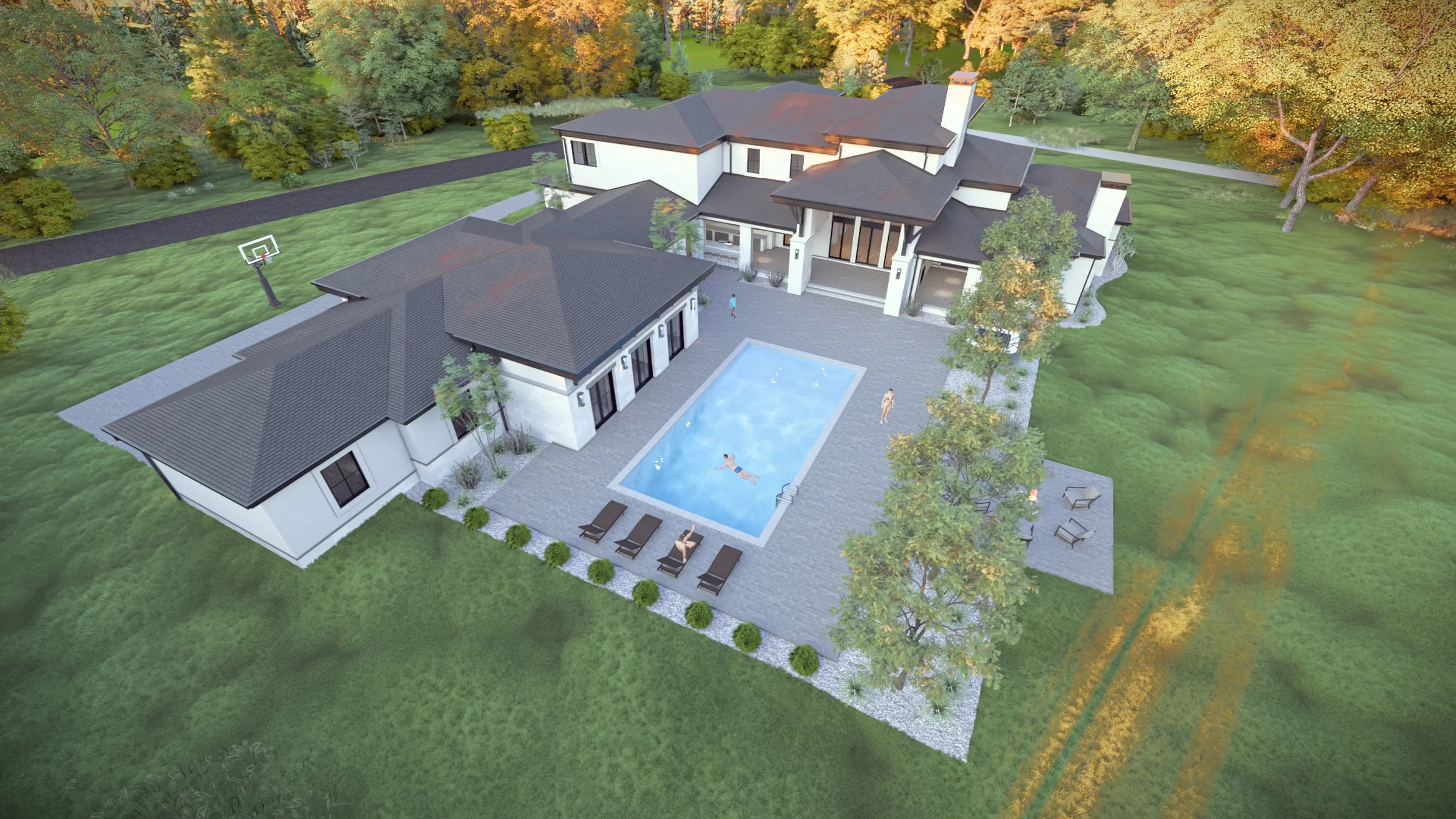 Drone 3D rendering of custom Mediterranean home showing clay tile roof, courtyard, pool, and outdoor living areas.