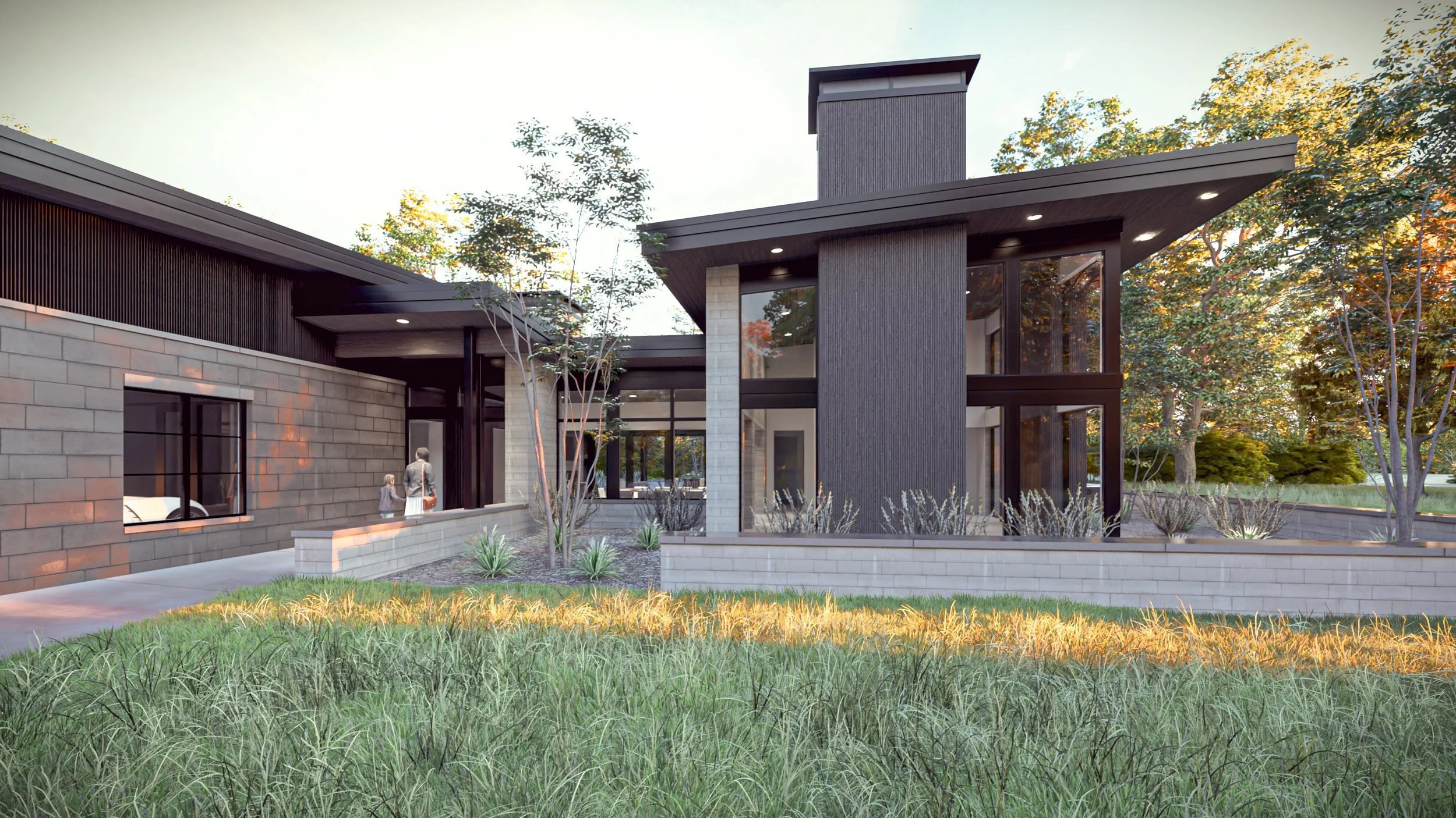 Front exterior of a modern custom home with strong architectural lines, large windows, and a welcoming contemporary entry design.