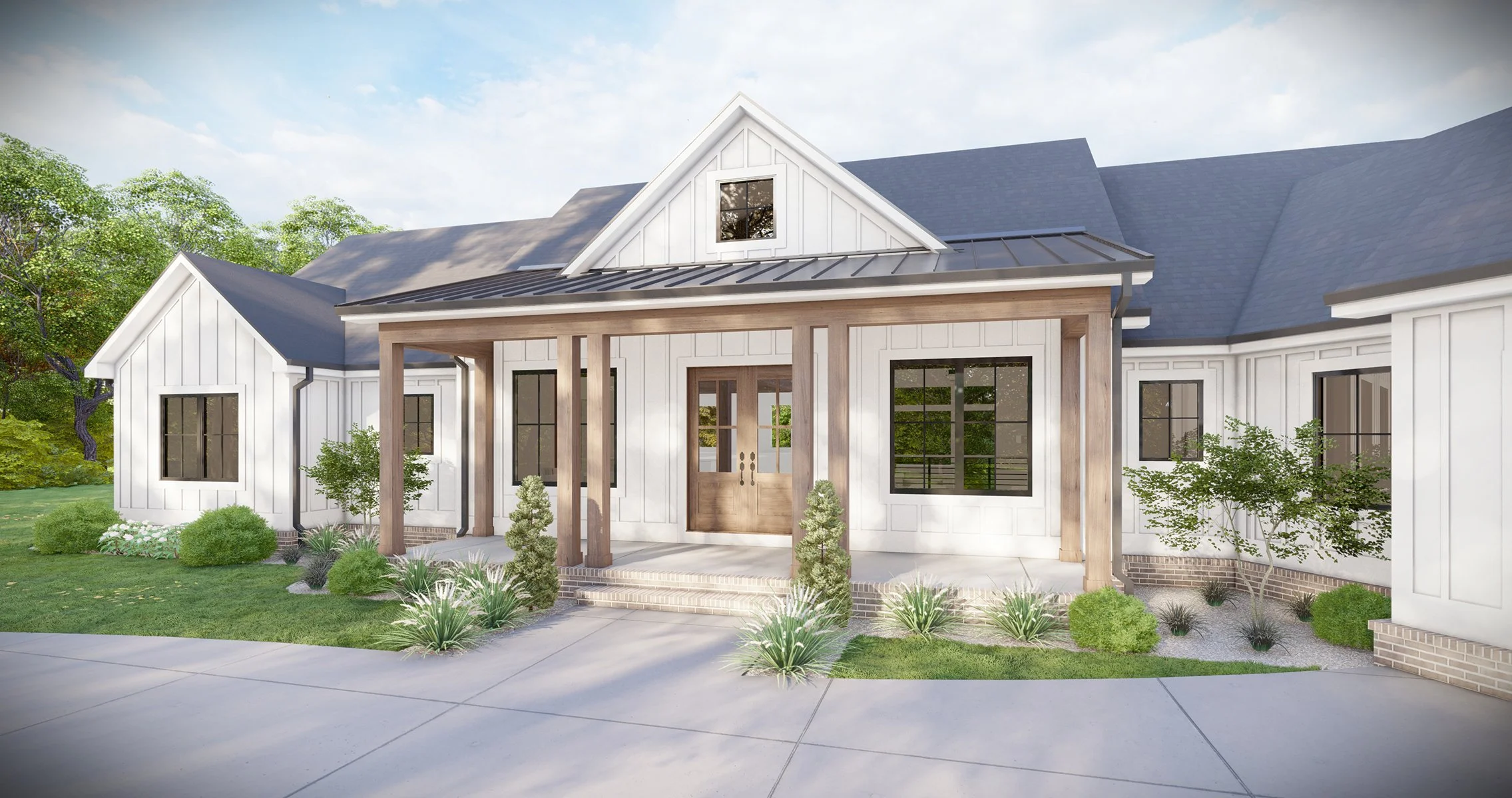 3D rendering of a modern farmhouse front view with white siding, wood columns at the entry, large garage doors, and a welcoming driveway approach.