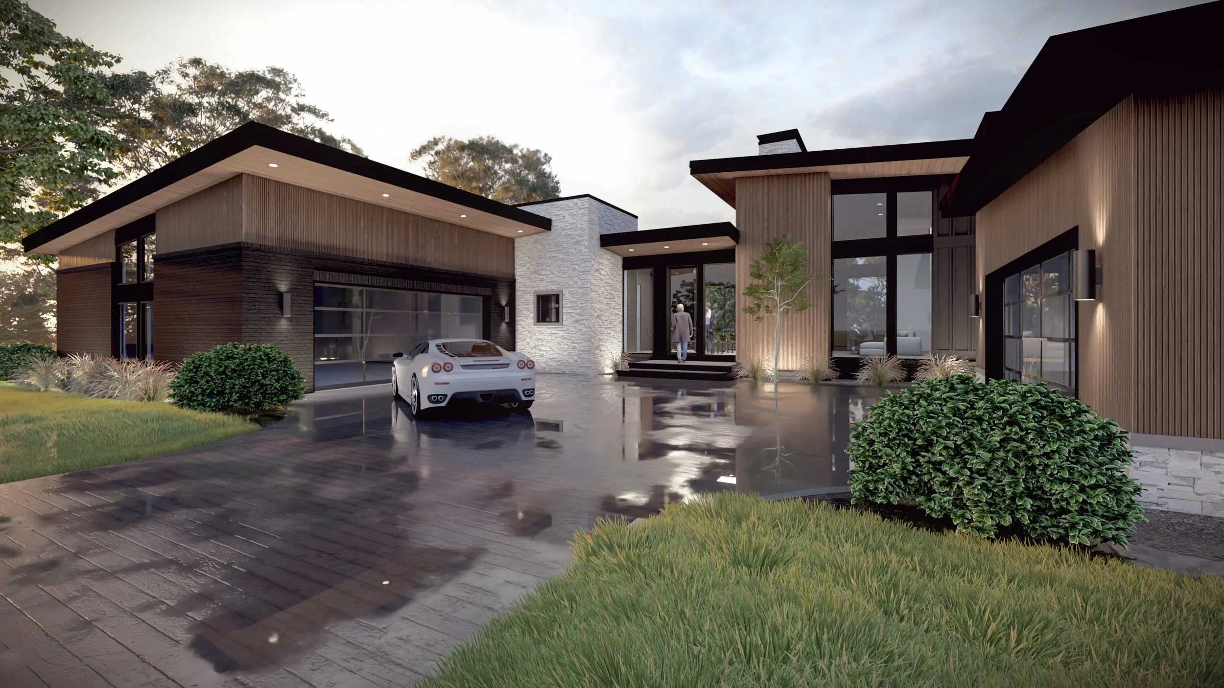 Contemporary modern home architecture with strong lines and a spacious driveway.