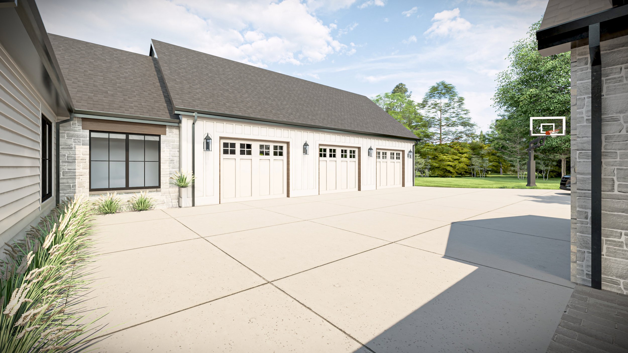 Farmhouse exterior with large garage doors and modern design