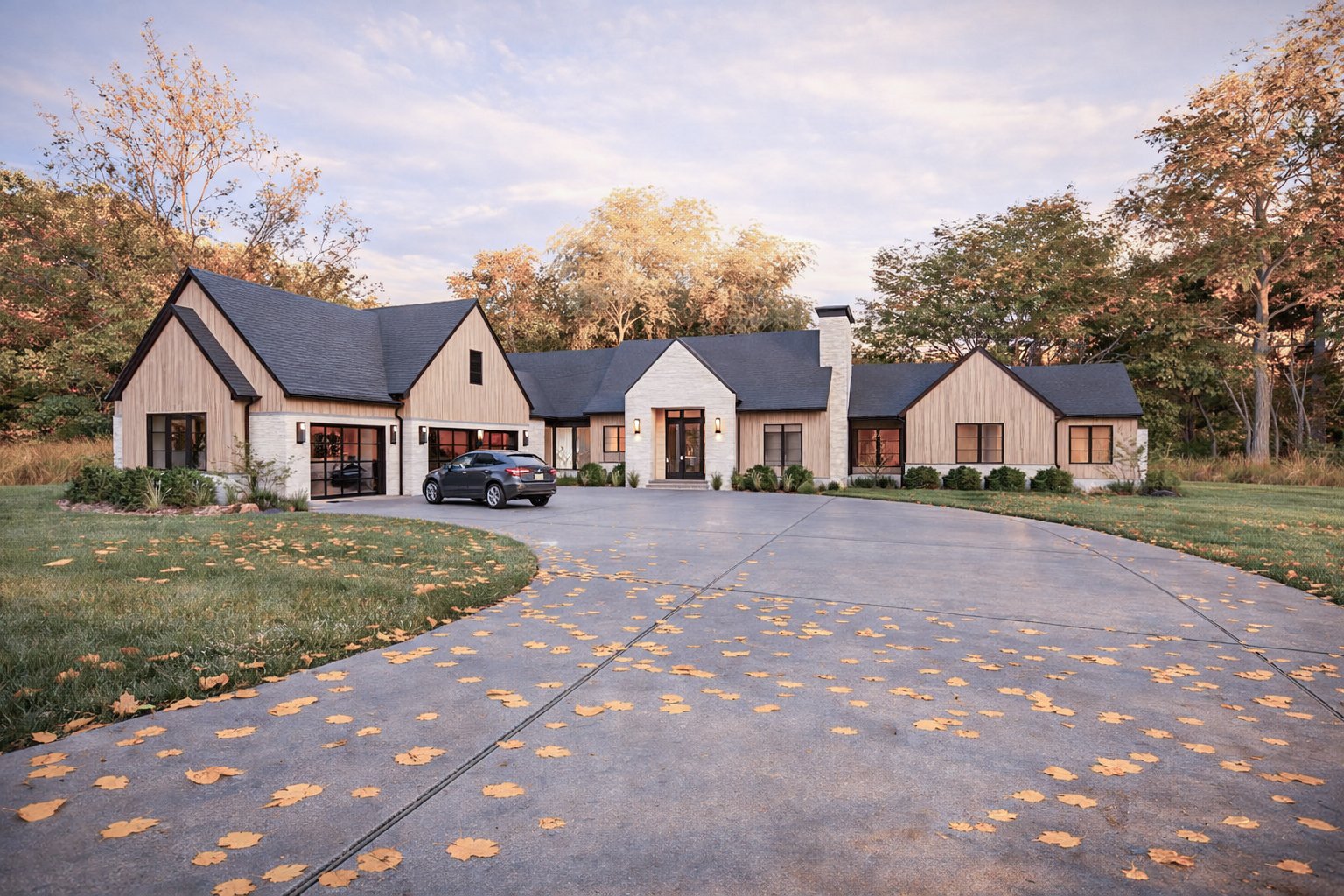 Transitional architecture front facade highlighting clean rooflines, black-framed windows, neat landscaping, and natural timber cladding.