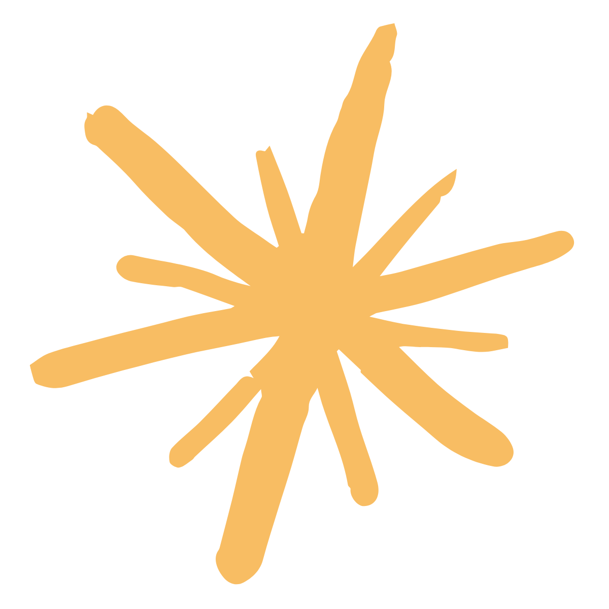 Orange abstract starburst shape with irregular, thick lines on a white background.