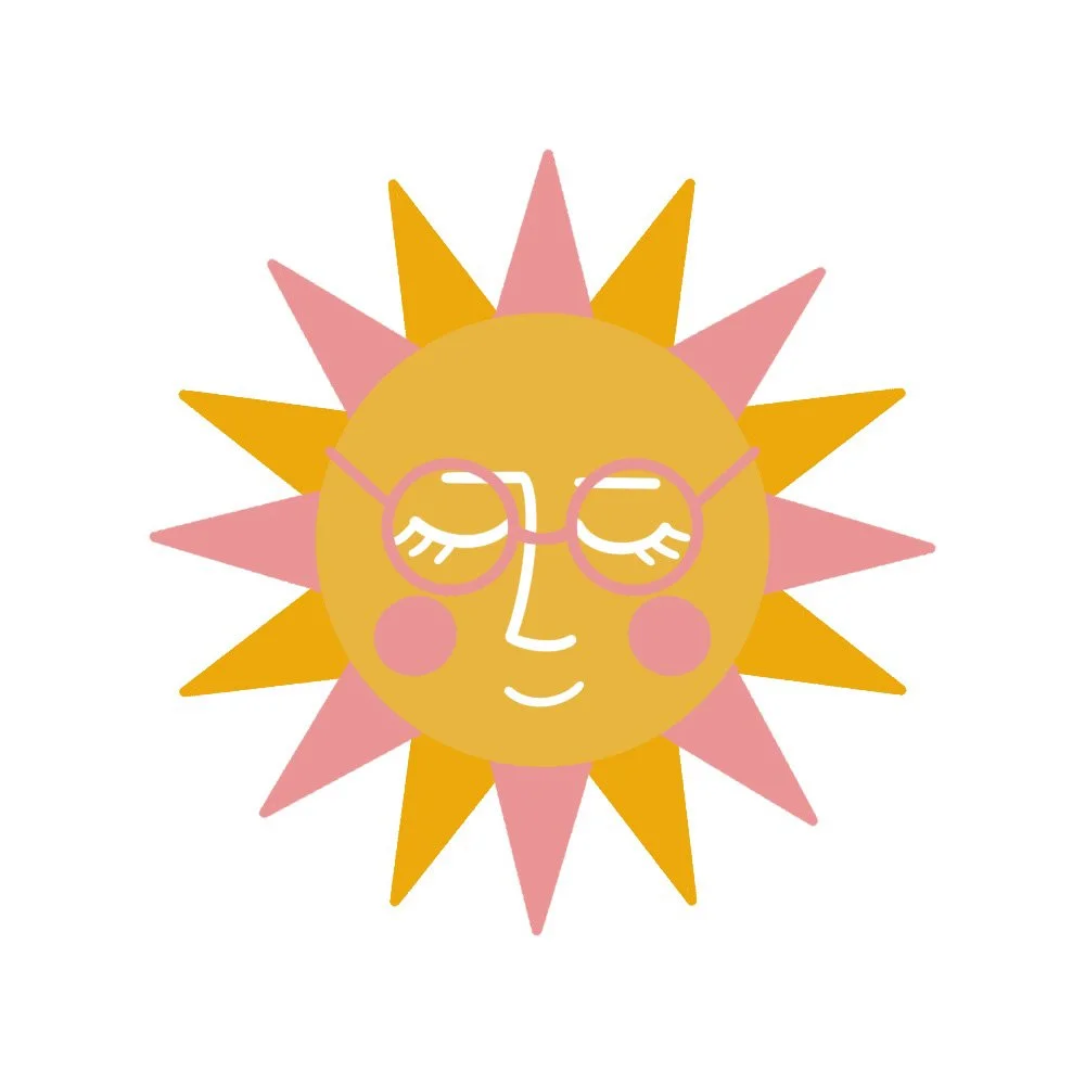 An illustration of a sun with a face, wearing pink glasses, with closed eyes and a smile, surrounded by pink and orange rays.