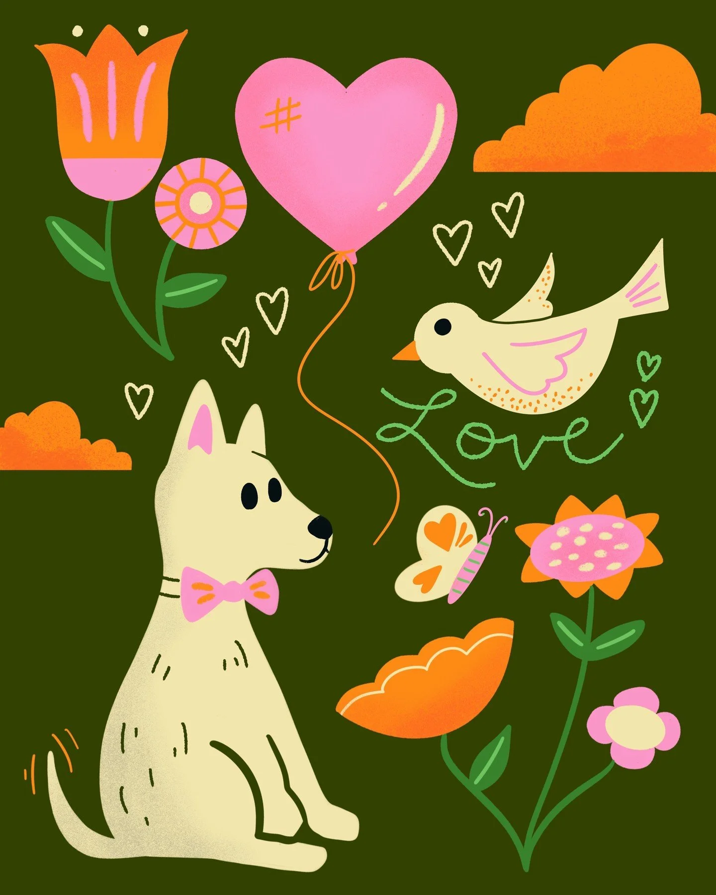 I'm trying to keep up with the Puppy Love illustration promts, but here I am, one day late of this Heart Trails challenge. I wanted to play with a darker background this time and settled on this dark forest green color. I still love all Scani style f