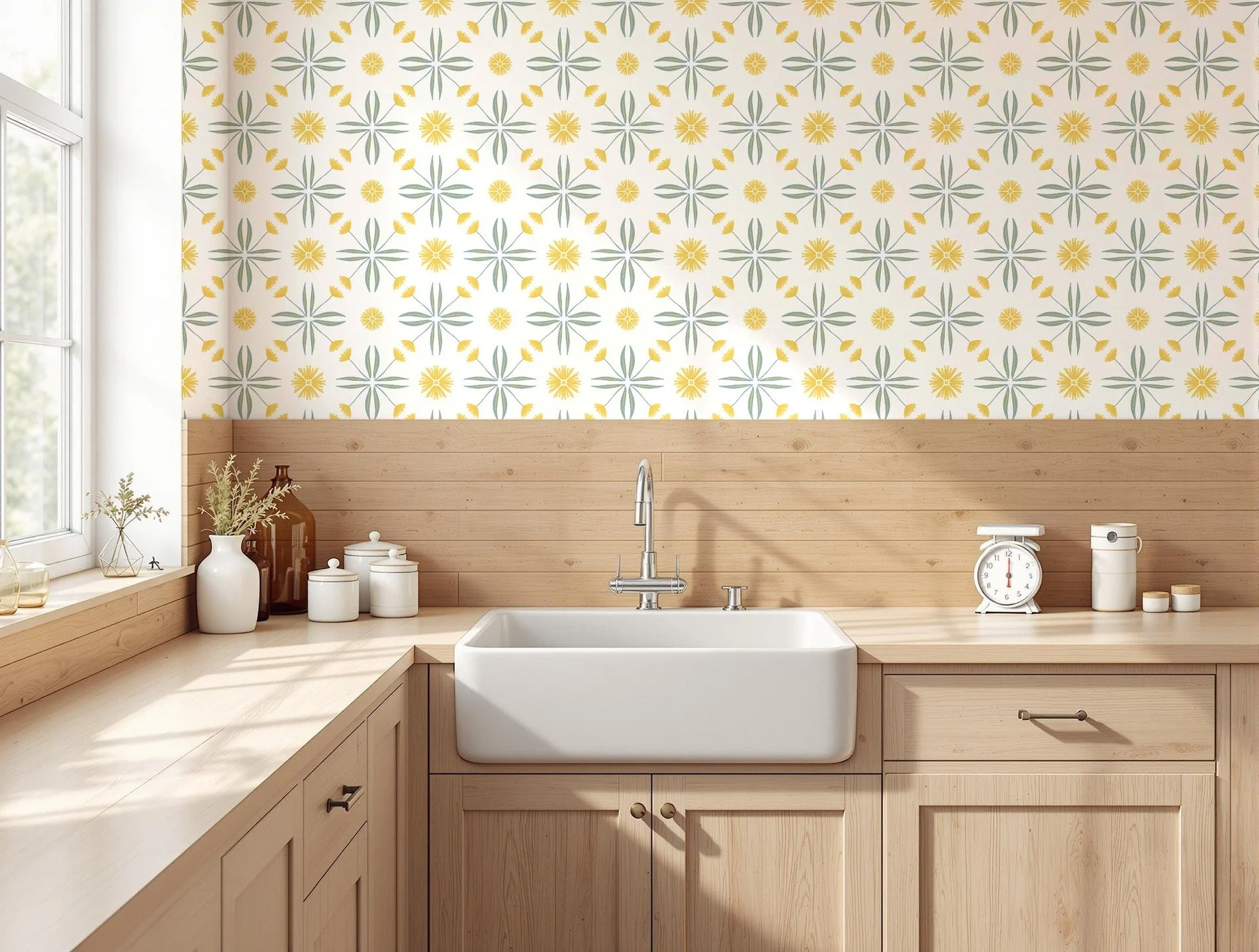 I'm loving how sunny and cheerful this simple yellow and green pattern is! I can totally see it in a kitchen as a wallpaper, giving off that European tile look! 

#surfacepatterndesigner #spoonflowerartist #artlicensing #surfacepatterndesign #tileloo