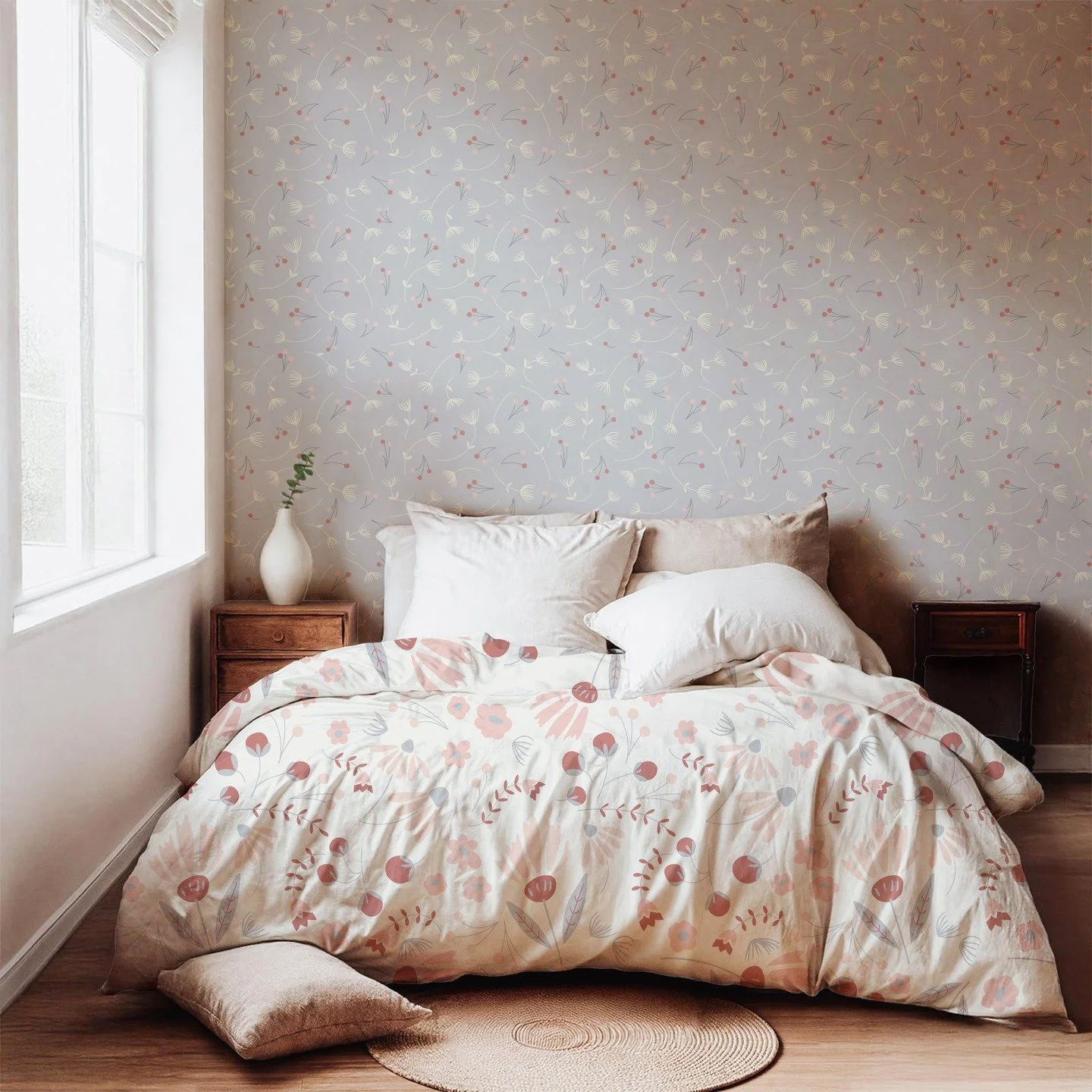 I love envisioning where my patterns might end up. This English Gardens collection would look so lovely as a wallpaper or as bedding. I keep seeing the larger pattern as a duvet cover and the ditty blender of whispy, delicate flowers as the sheets an
