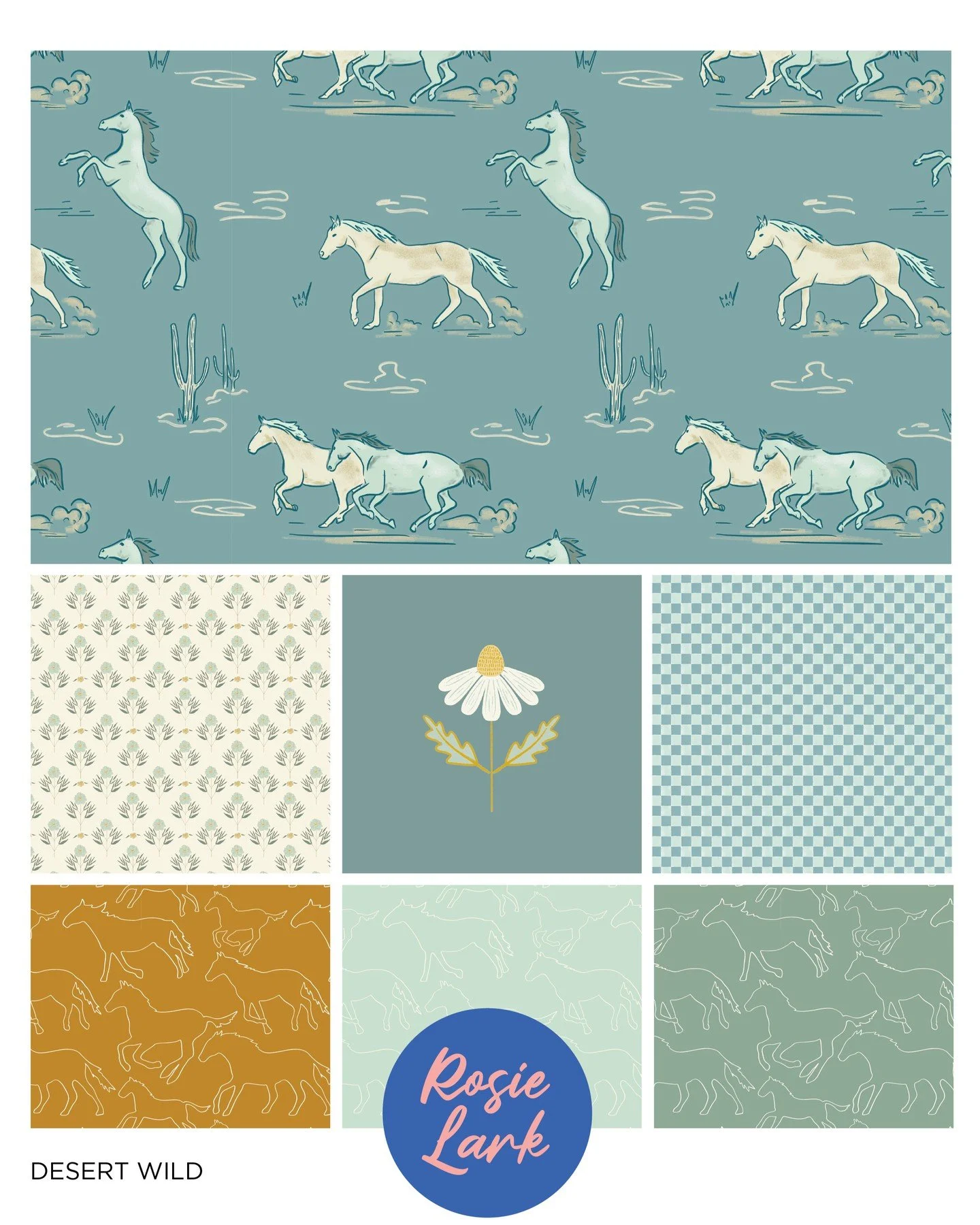 I've spent the last 6+ weeks working with a client on their Stagecoach Music Festival test and designs. With it came lots of desert and horse references, which likely inspired this collection. Horses and prairie flowers work together to bring a softn