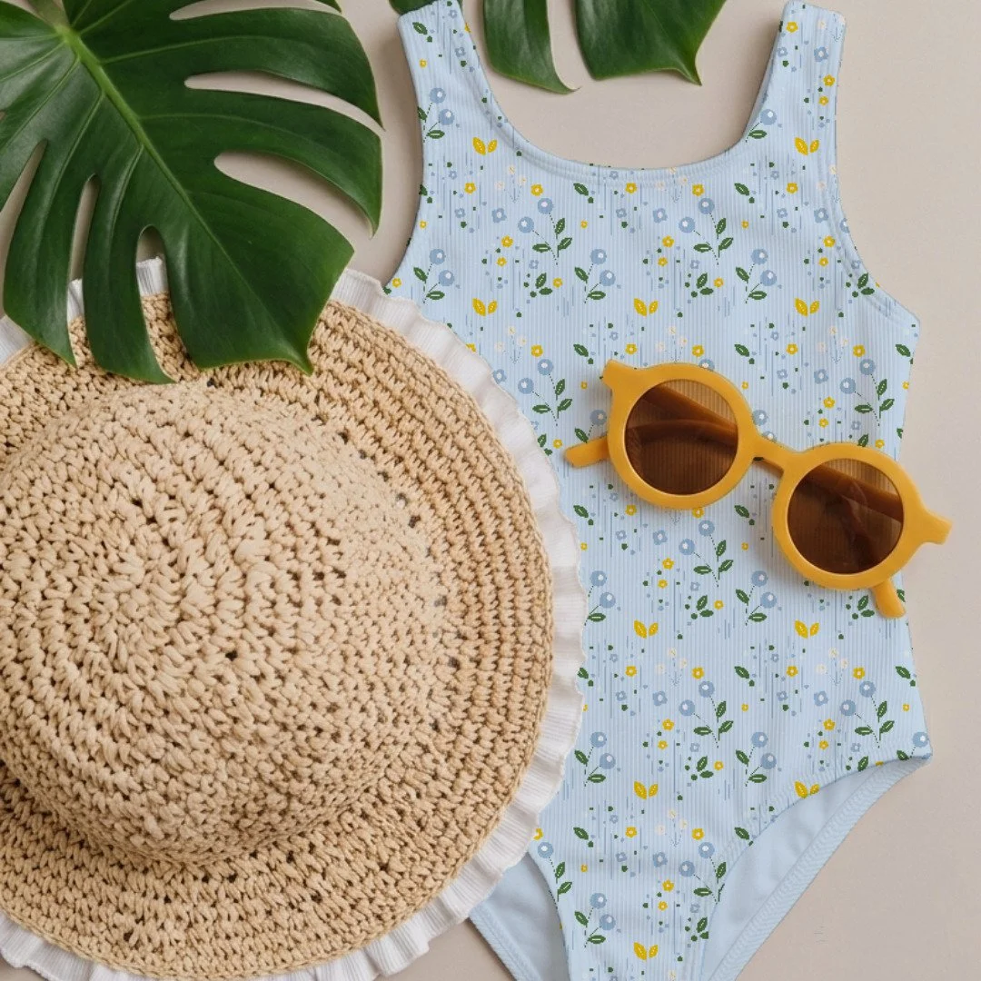 Does anyone else order 12 bathing suits off of Amazon hoping to find one winner? 🙋&zwj;♀️ It was so much simpler when I was just a girl and the bathing suits had sweet patterns like this one. I love this simple tossed baby blue floral design on a sw