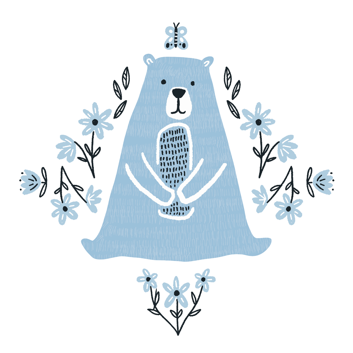 A blue illustrated bear surrounded by blue flowers and leaves and a butterfly above its head.