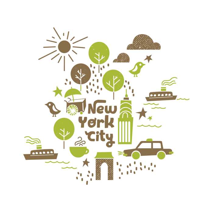 Stylized graphic of New York City with trees, the Empire State Building, a yellow taxi, boats, a coffee cup, and birds, in green and brown colors.