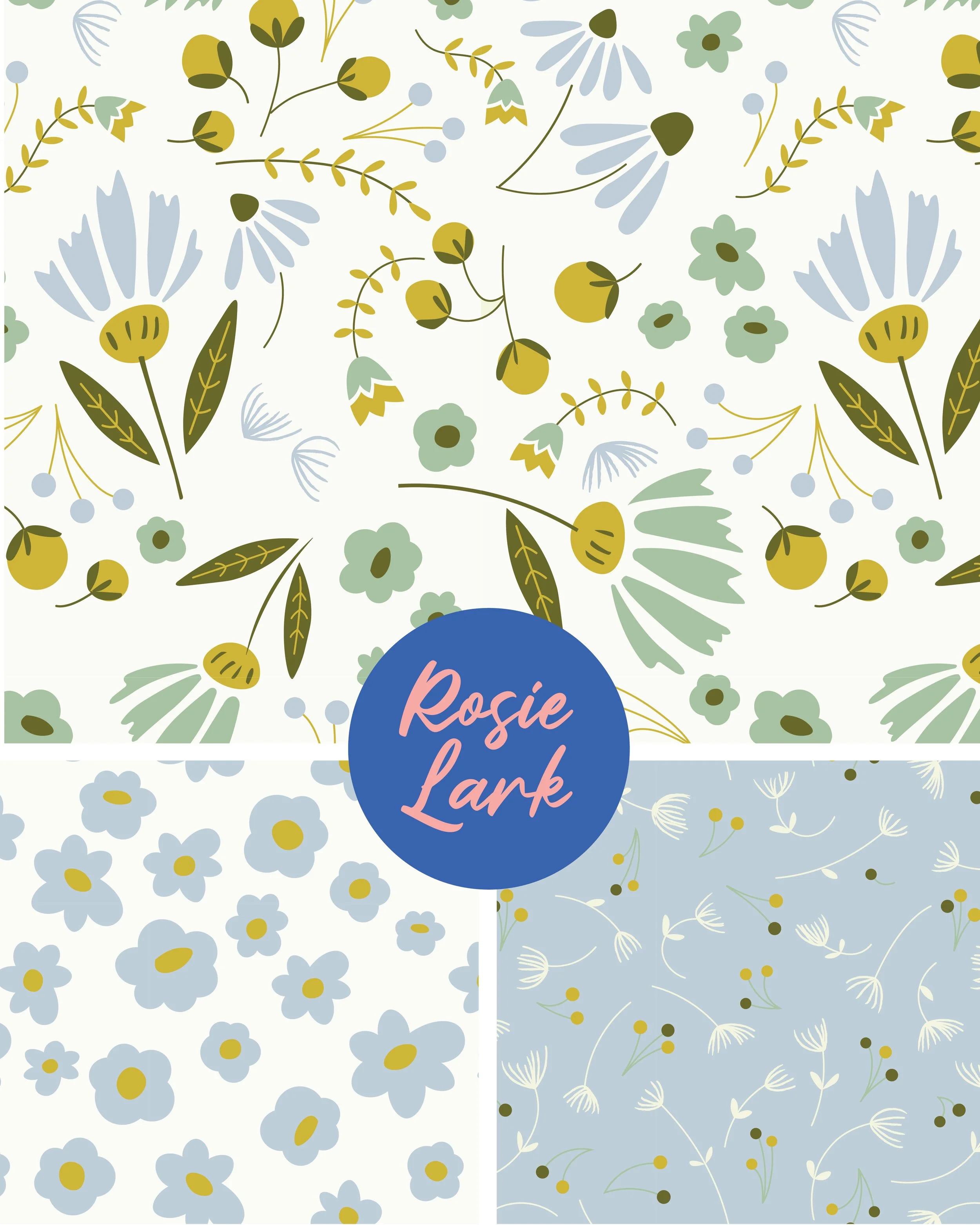 Three different floral pattern backgrounds with a blue circle in the center containing pink cursive text that says "Rosie Lark".