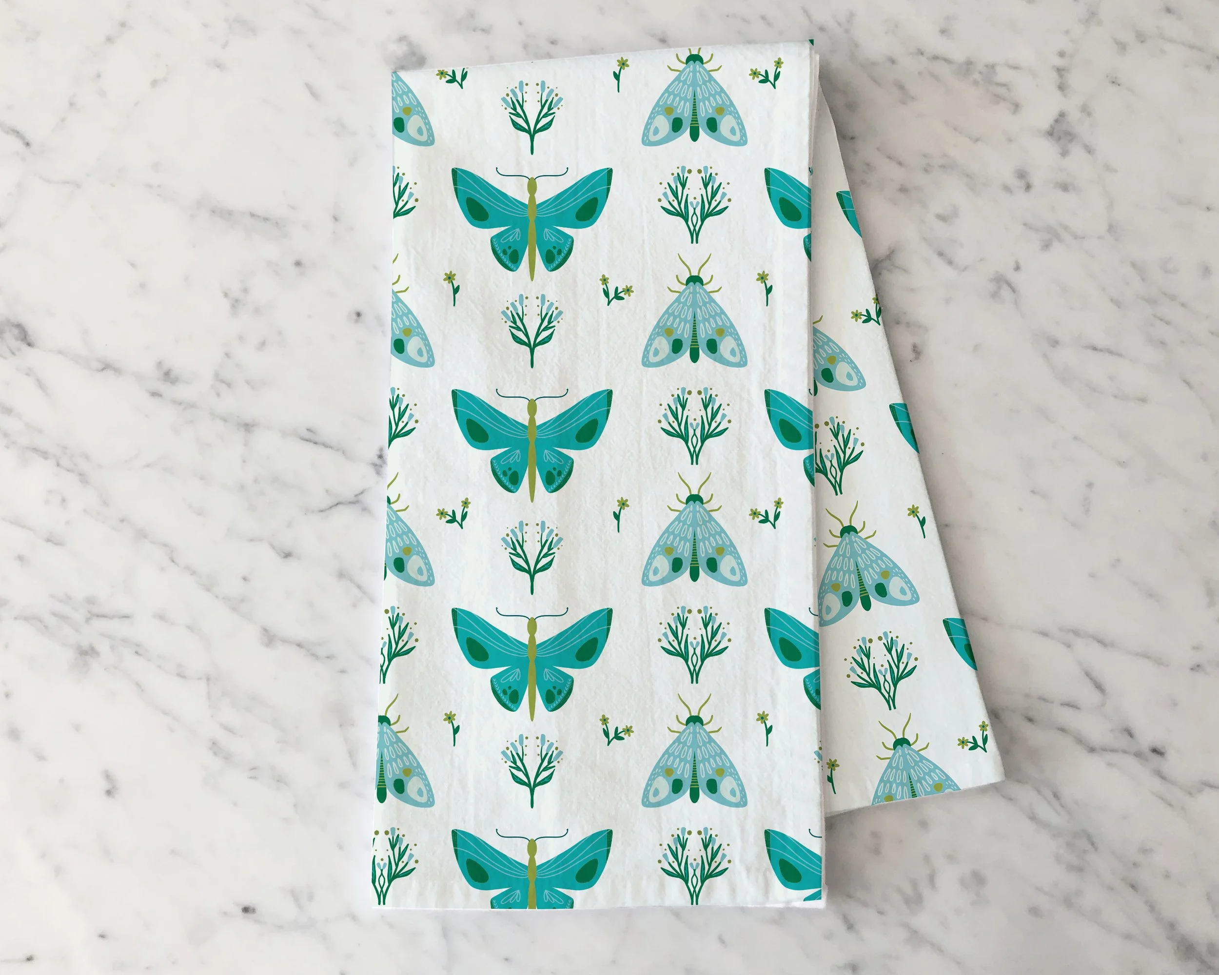 Teal Moths Cotton Dishtowel
