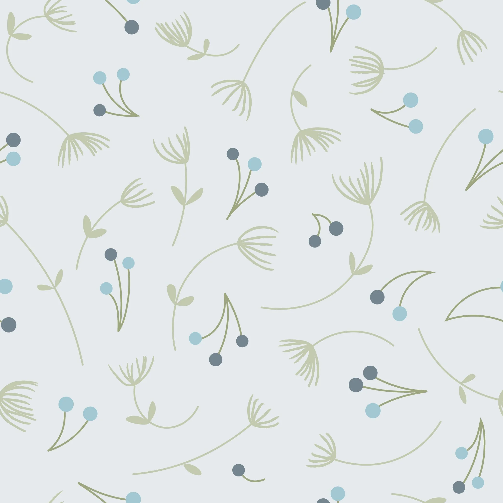 A seamless pattern of delicate dandelion seed pods and small berries in shades of blue and gray on a light background.