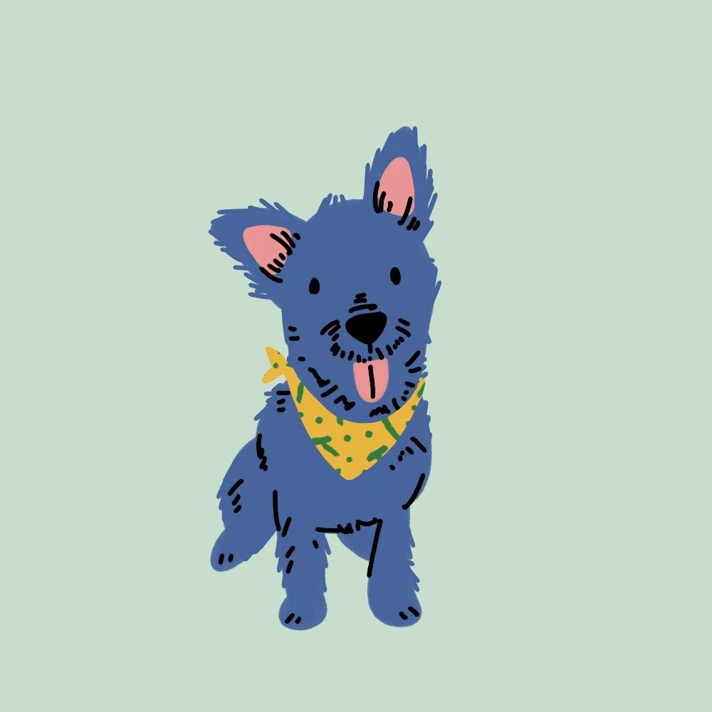 Simple hand-drawn illustration of a happy blue dog with pink ears wearing a yellow bandana.