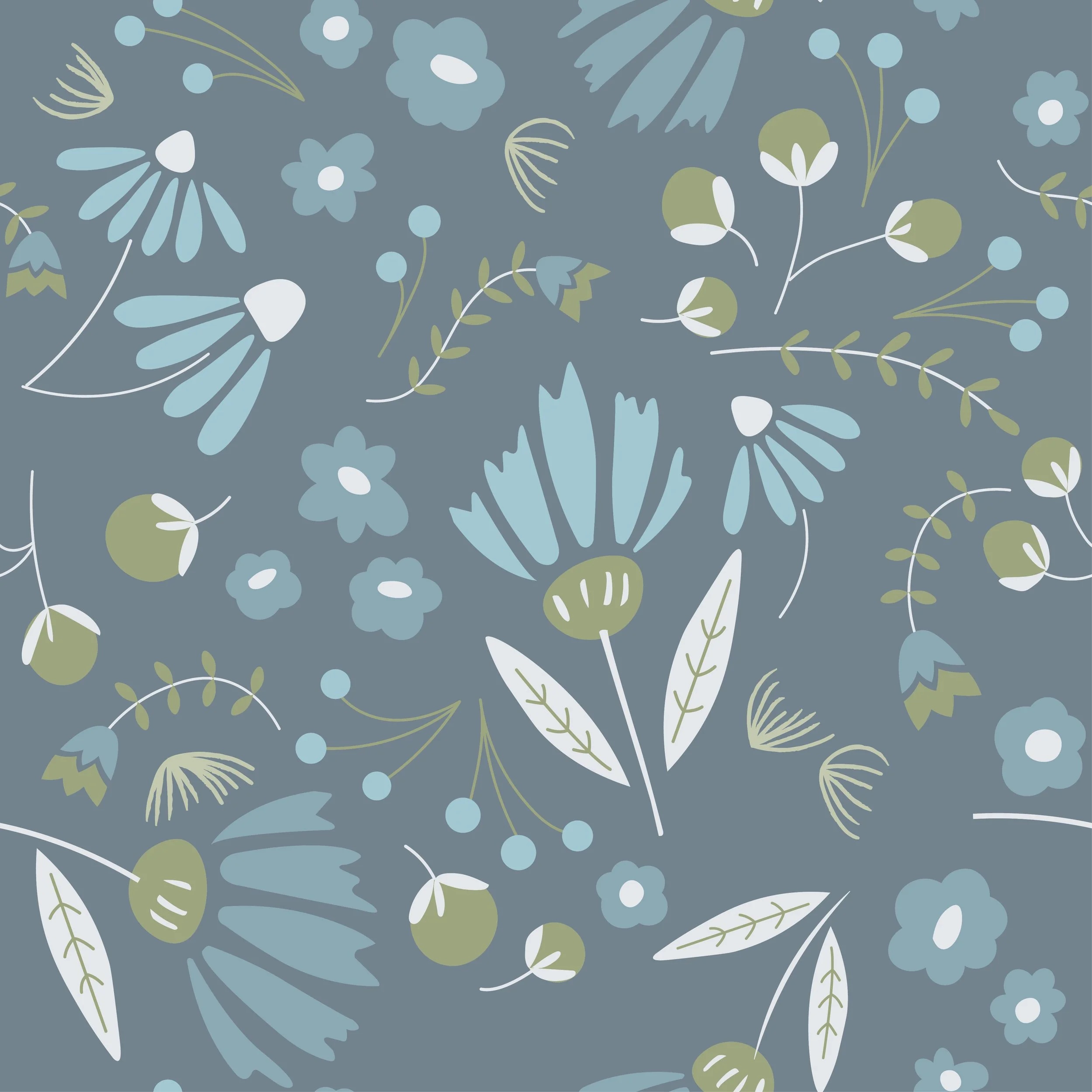 A seamless pattern with various blue, white, and green floral and botanical elements on a bluish-gray background.