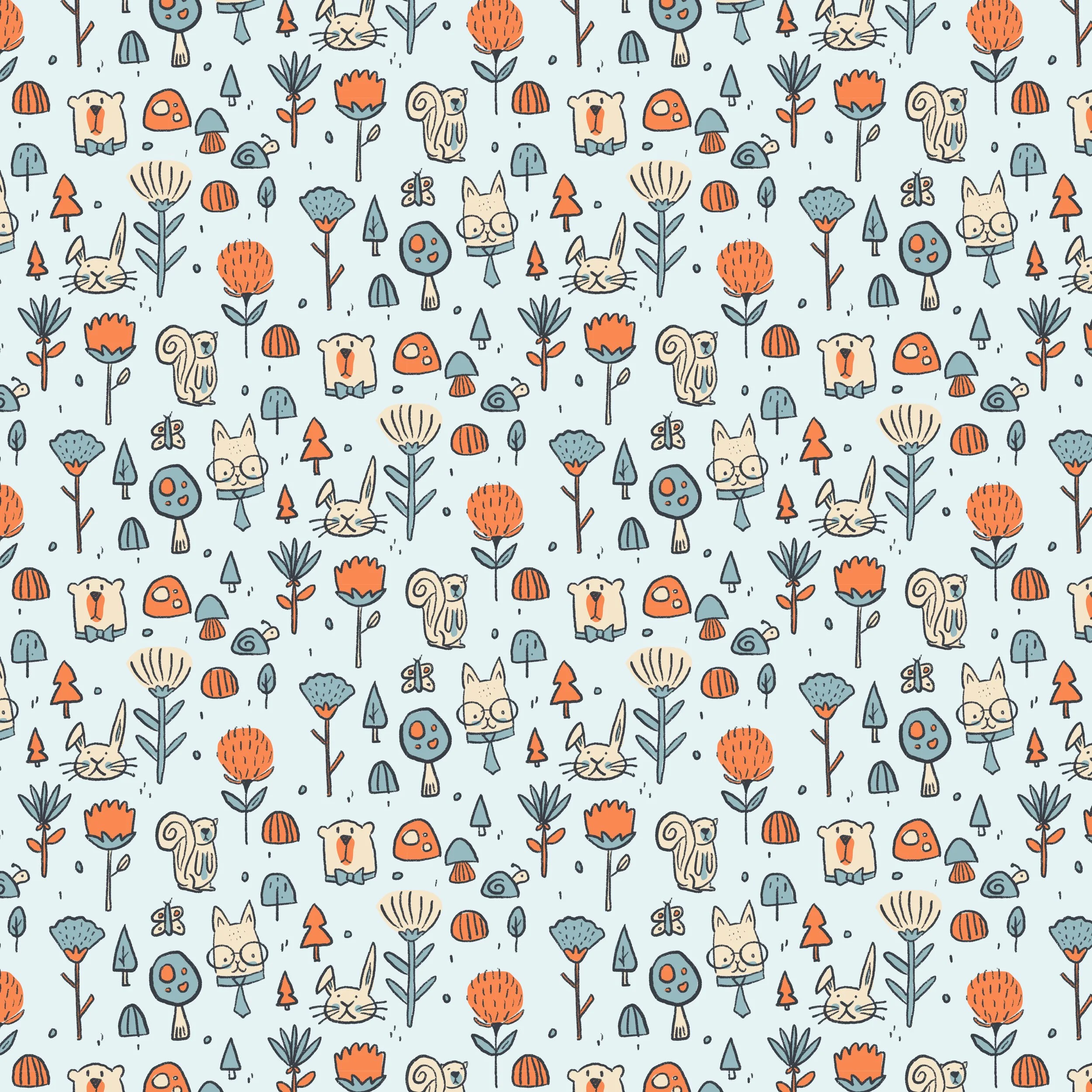 A seamless pattern with hand-drawn woodland animals, including a bunny, squirrel, bear, snails, and butterflies, along with various flowers and mushrooms, all drawn in a simple, colorful style.