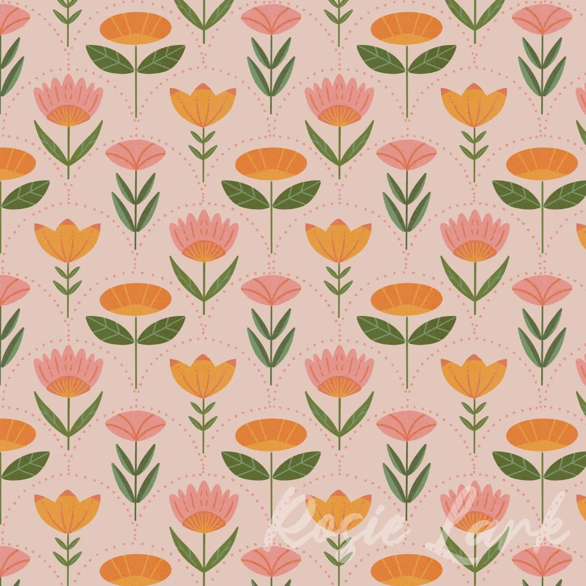 A seamless pattern with pink, orange, and peach-colored flowers with green leaves on a light pink background.
