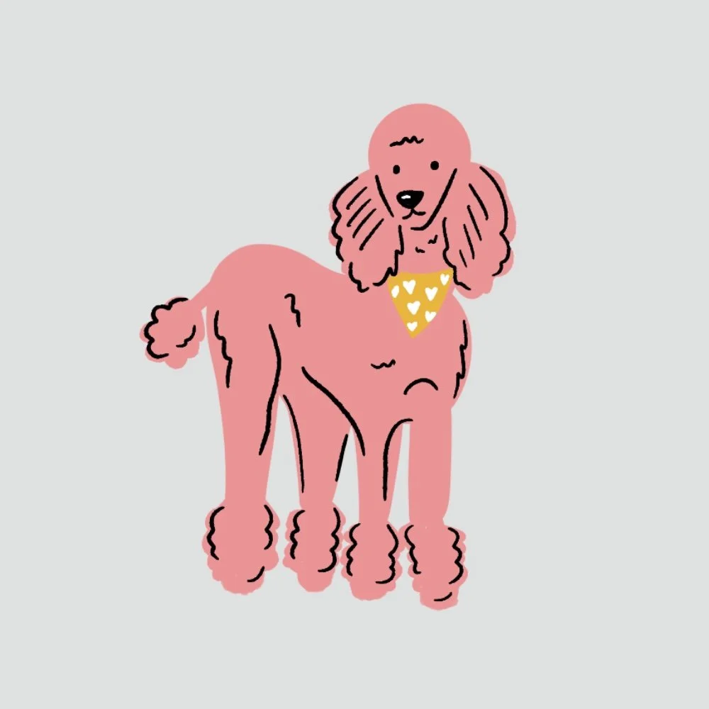 A cartoon pink poodle with a yellow bandana with white hearts around its neck, standing against a light gray background.
