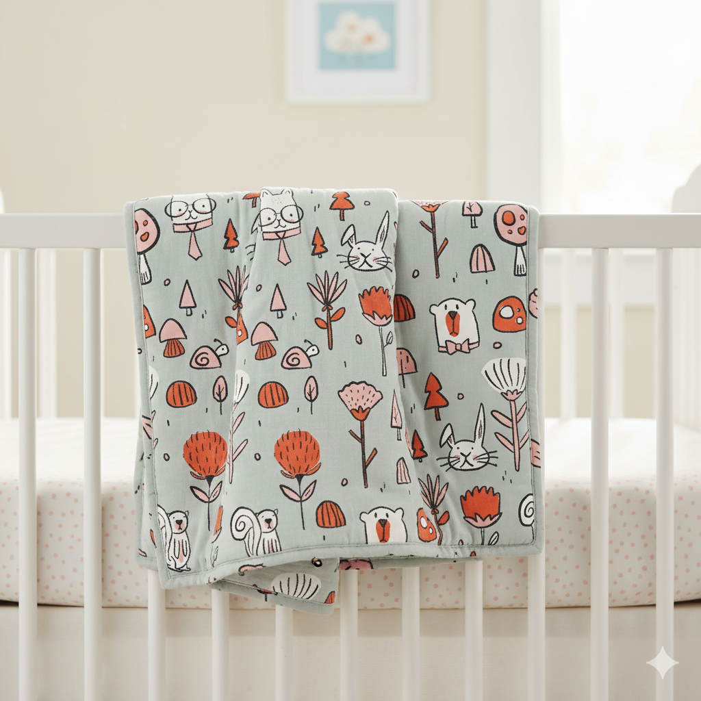 A light blue baby blanket with illustrations of animals, plants, and mushrooms draped over the side of a white crib in a nursery.