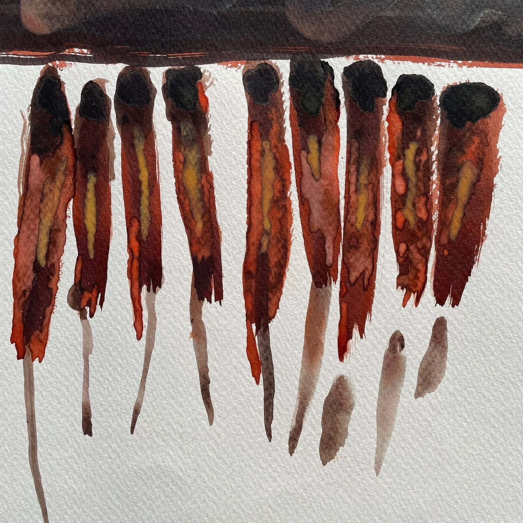 Watercolor painting of a row of feathers in browns, rust oranges, and blacks, by artist e2 Brewster.