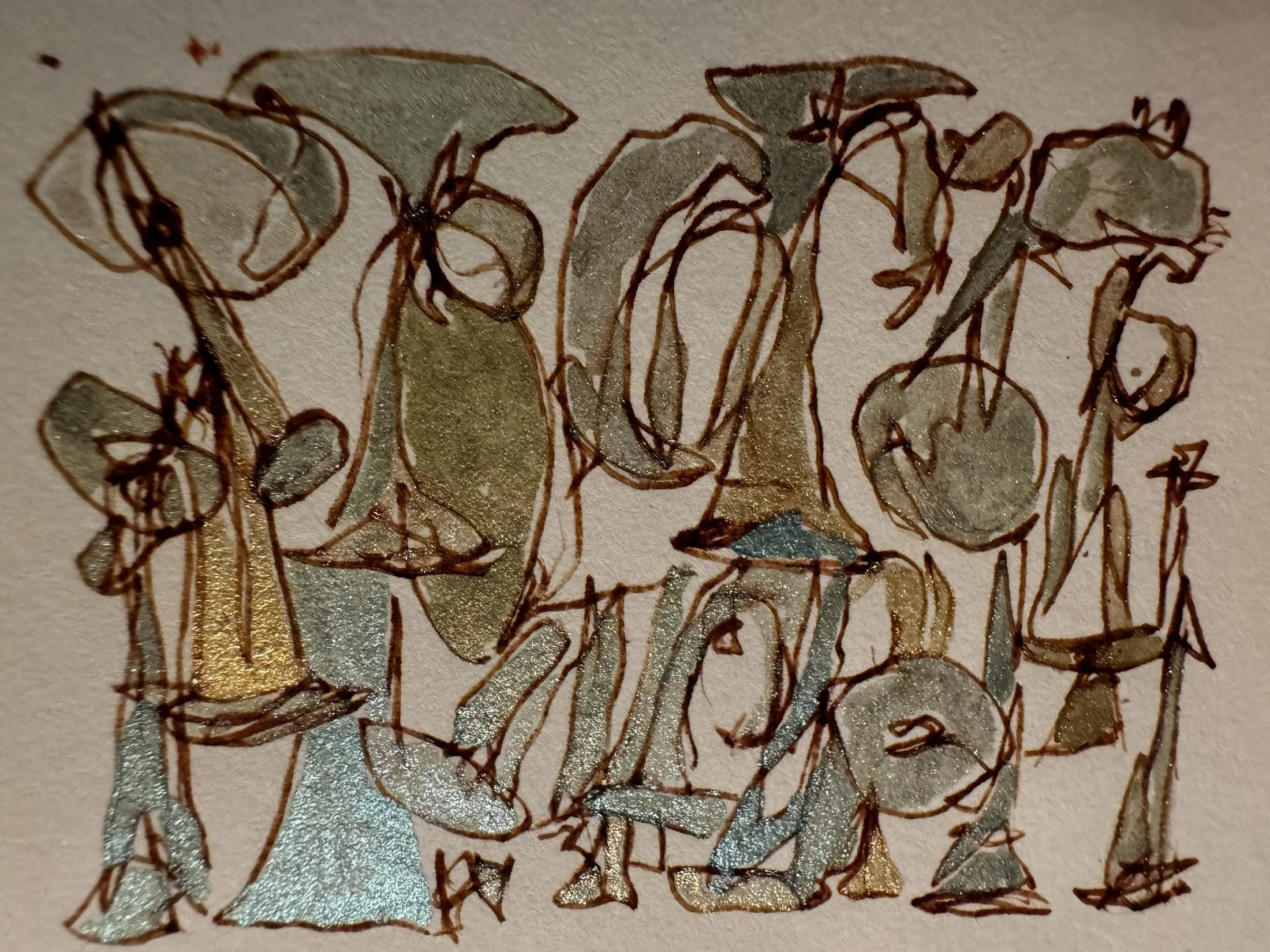 abstract metallic watercolor and ink drawing by e2 Brewster: loose, overlapping organic shapes in silver, gold and olive washes, outlined in dark brown watercolor on tan paper.