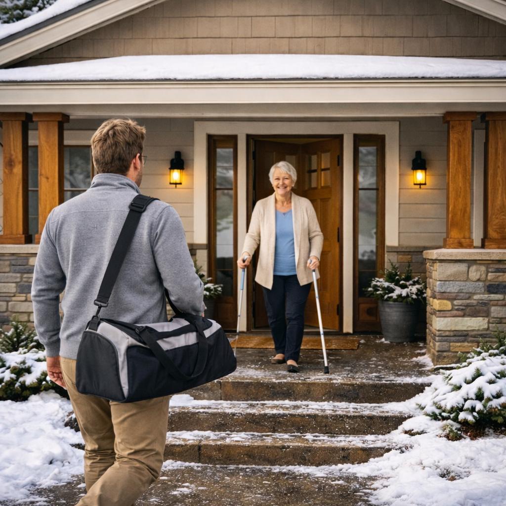 A smiling elderly woman with gray hair, using crutches, stands on the porch of her house to greet a man carrying a large duffle bag, as snow covers the ground and steps.