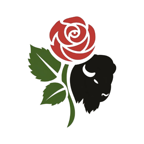 The Rie Rose Events logo - A stylized illustration of a red rose with green leaves and black buffalo
