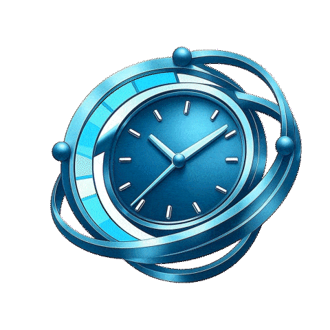 A blue clock with a modern design and orbiting rings