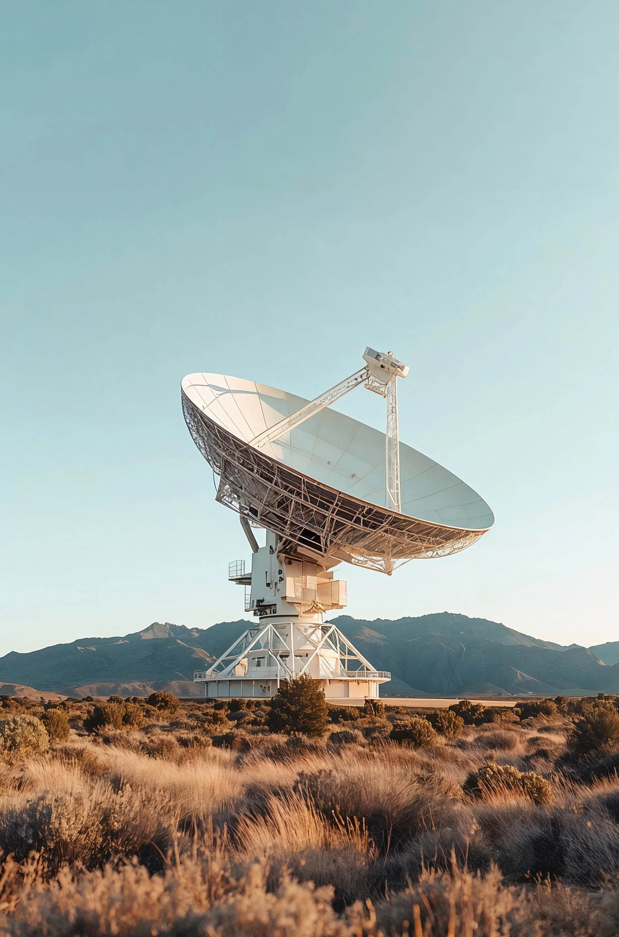 A large satellite dish antenna in a desert landscape with mountains in the background and a clear sky. Hailing the gruntWAVE Command Center