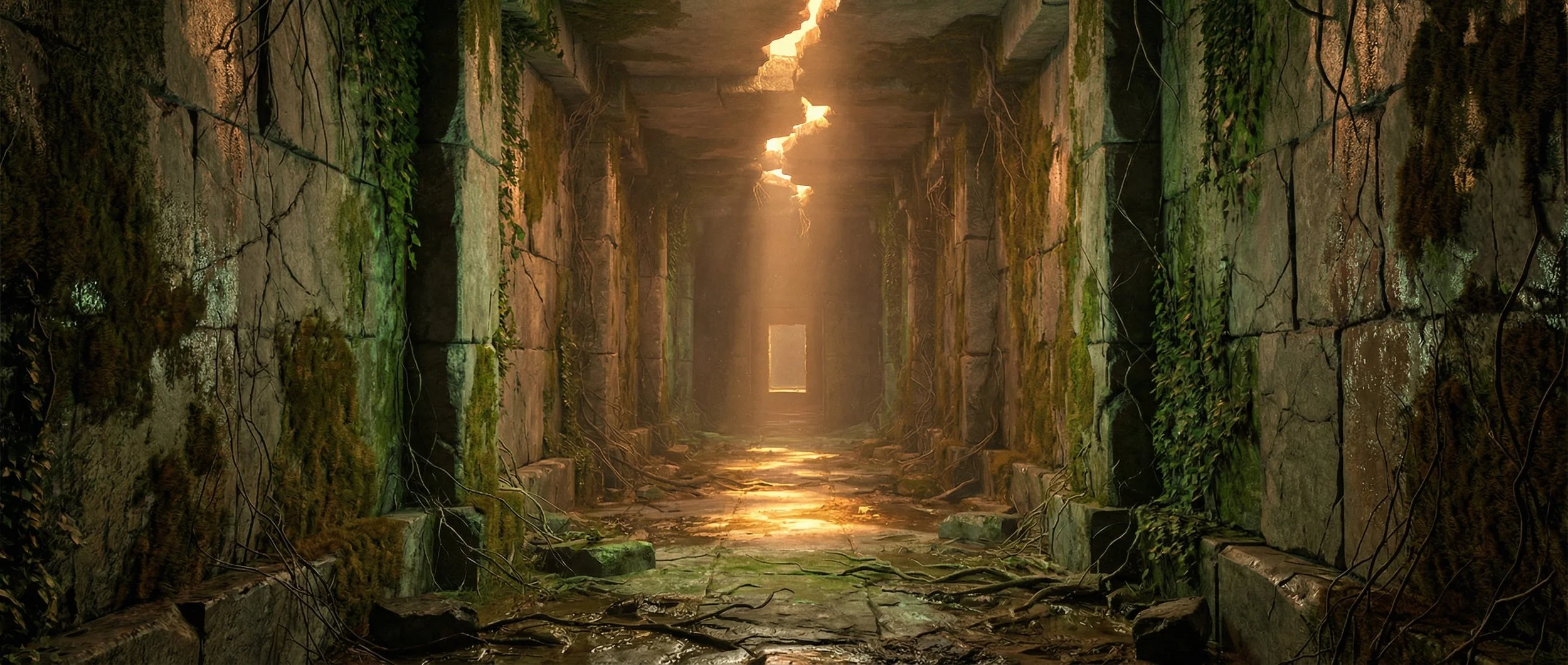 Ancient stone corridor overgrown with moss and vines, with sunlight streaming through cracks above.
