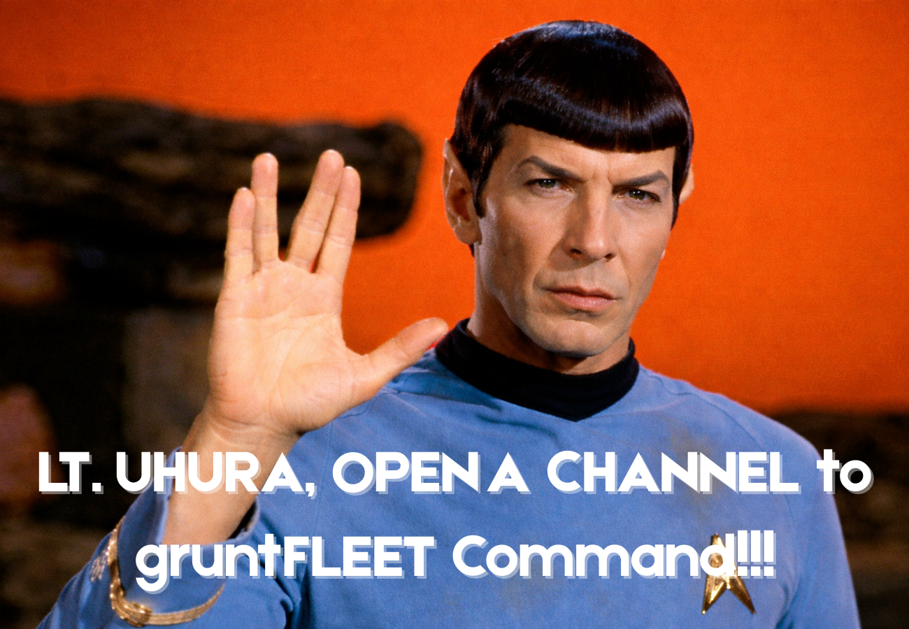 Lieutenant Uhura from Star Trek in a blue uniform, holding her hand up with palm facing out, with a serious expression against an orange background. Overlaid text reads: 'LT. UHURA, OPEN A CHANNEL to gruntFLEET Command!!!'