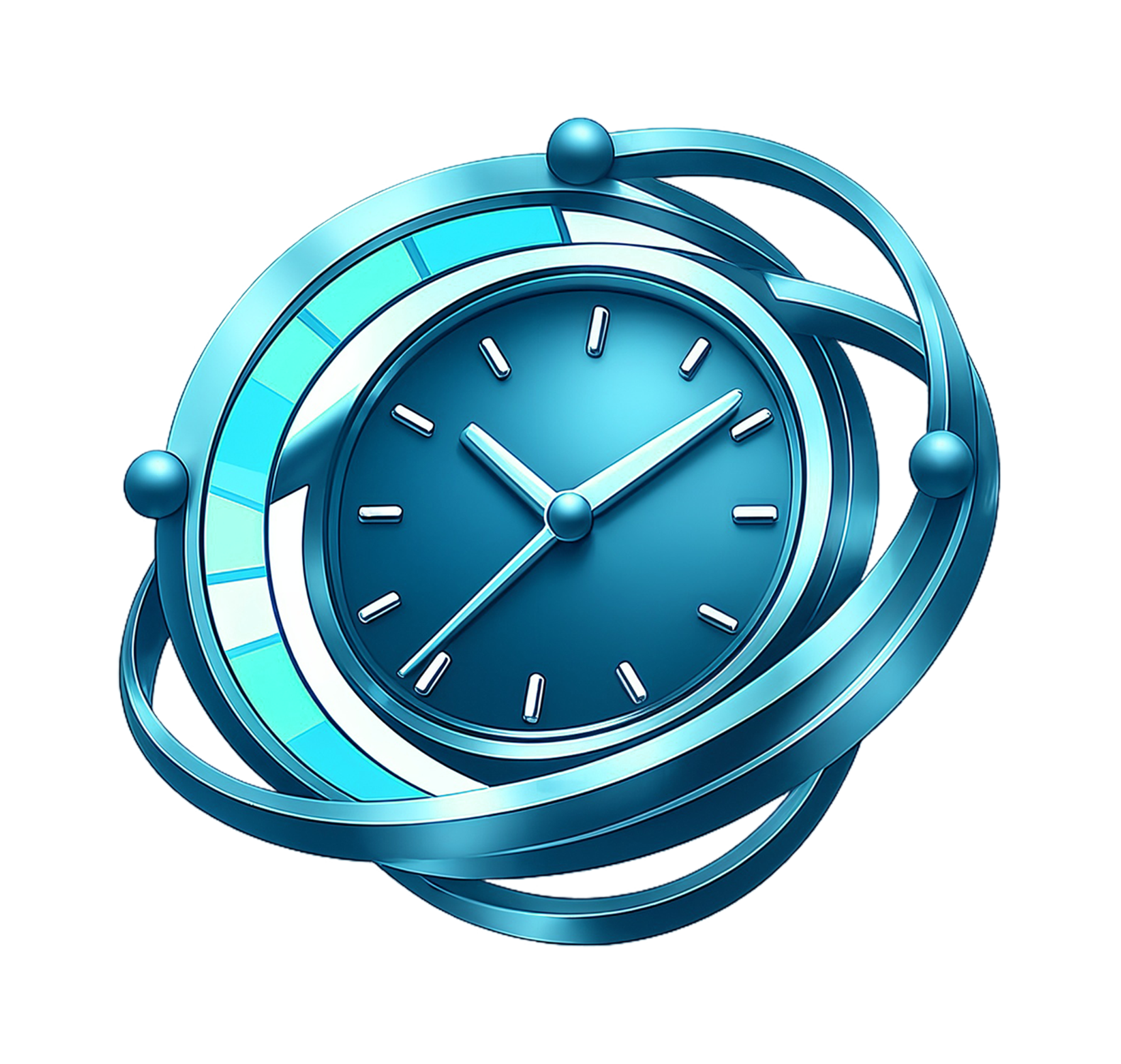 Futuristic blue clock with orbital rings and spheres, symbolizing the time capabilities of ChronoTap, ease of tracking time in ClickUp for Professionals, developed by gruntWAVE - The Grunt Work Eliminators.