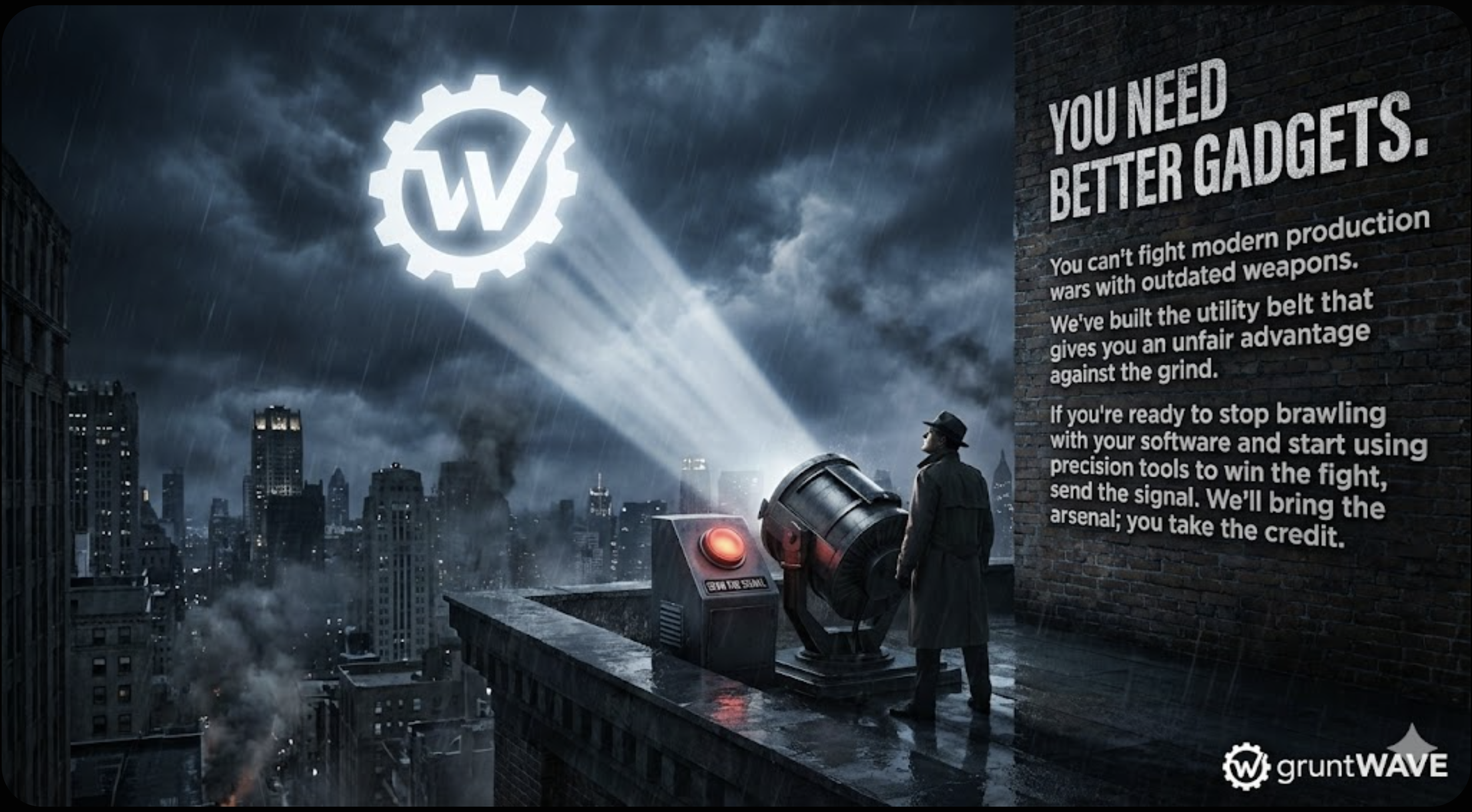 A person in a trench coat and fedora standing on a rainy city rooftop at night, shining a flashlight with a signal beam up at a gear-shaped logo with a 'W' inside. There is a large brick wall with text promoting better gadgets for modern production wars, and a city skyline with dark stormy clouds overhead.